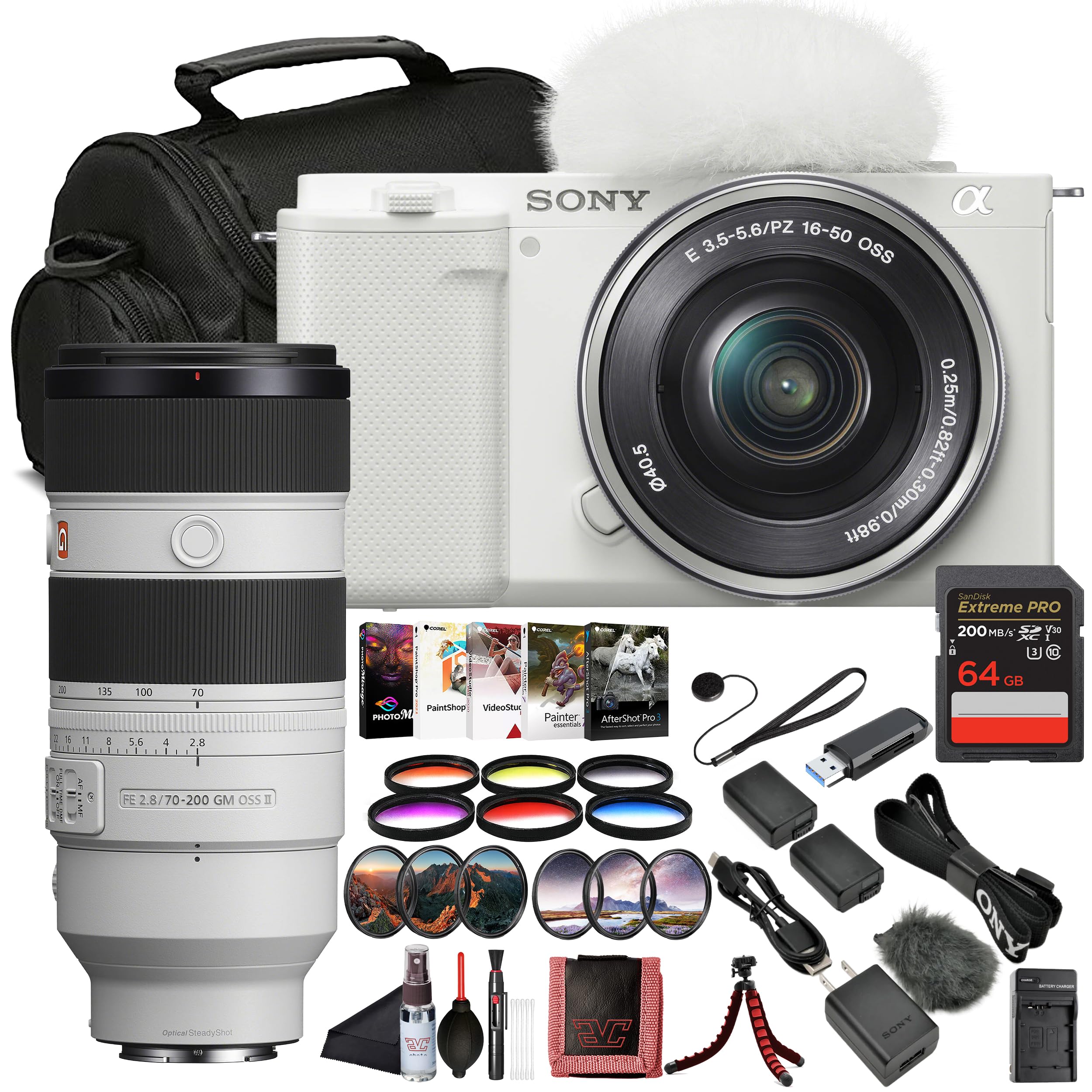 Sony ZV-E10 Vlogging Mirrorless Camera (White) with E PZ 16–50mm Lens (ILCZV-E10L/W) | 24.2 MP APS-C Sensor | 4K Video with FE 70-200mm Lens, 64GB