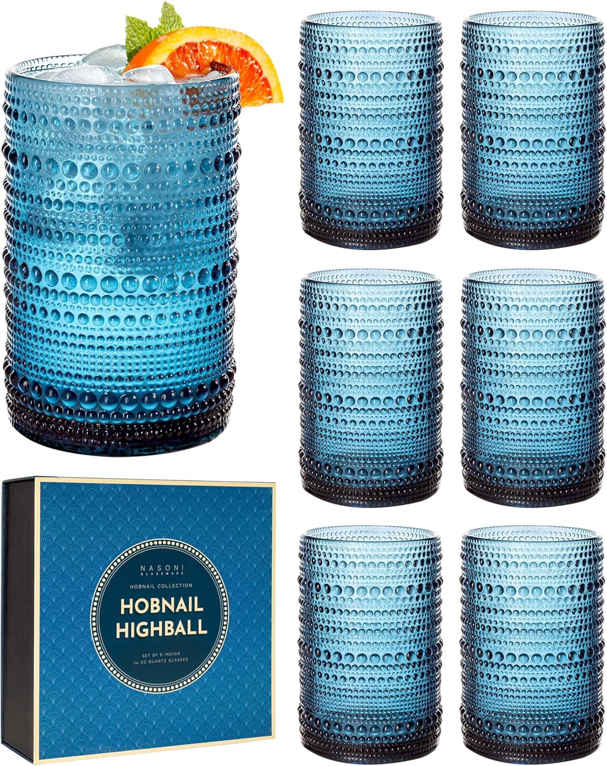 NASONI GLASSWARE 14 oz Hobnail Highball Glasses Set of 6 (Indigo