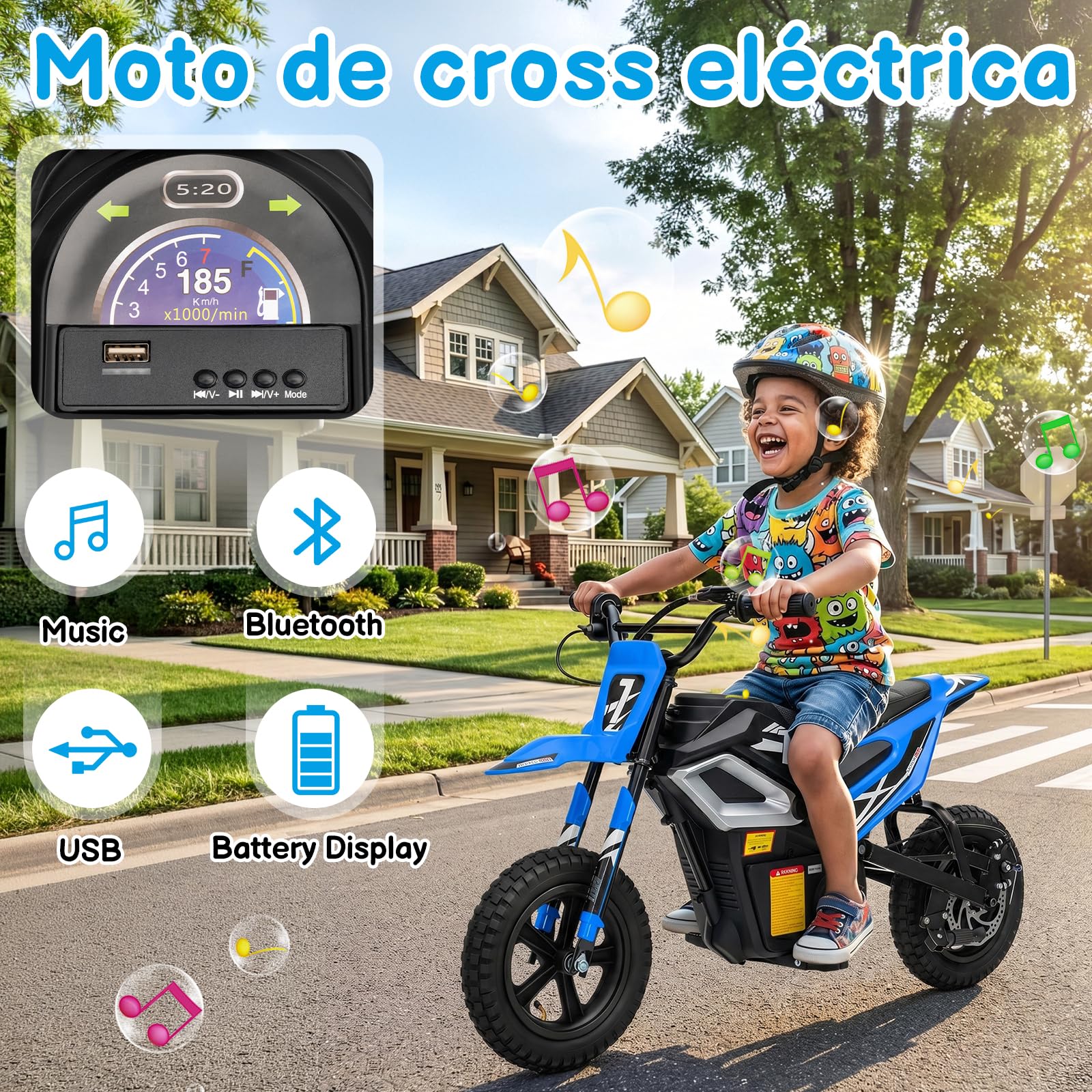 LALAHO Moto Electrica Niños 4V 7Ah con Motor Sin Escobillas de 250 W, Máxima 22,5 km/h, Autonomía de 19 km, Neumático de 12 Pulgadas 8 a 12 años (Azul)