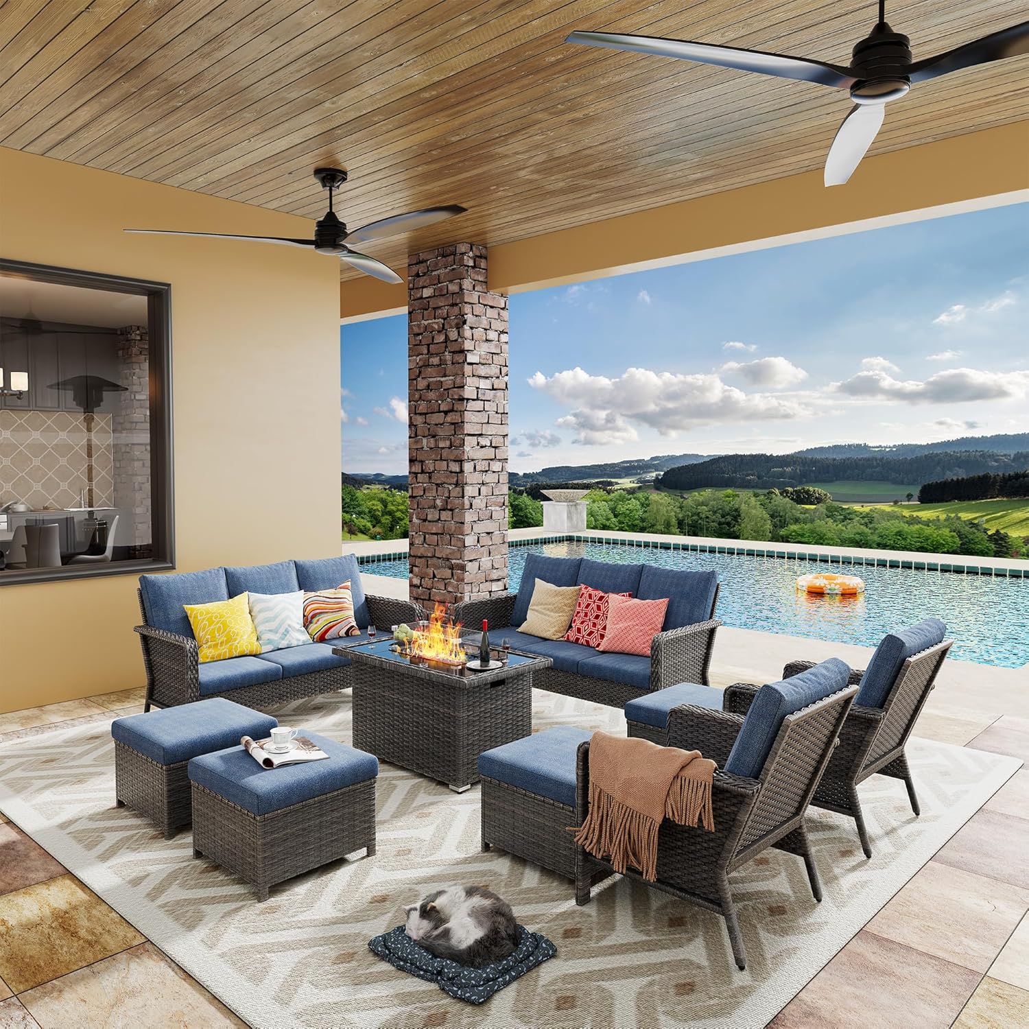 pickup only boxes 2of4, 3of4 4of4 (missing box 1of4) Yechen Patio Conversation Set 12 Seats with 44" Propane Gas Fire Pit Table - 9 Pcs Outdoor Wicker Furniture Set with Lid & Wind Shields - Sectional Sofa Set for Porch,Backyard 9 Pcs set with Fire Pit Blue