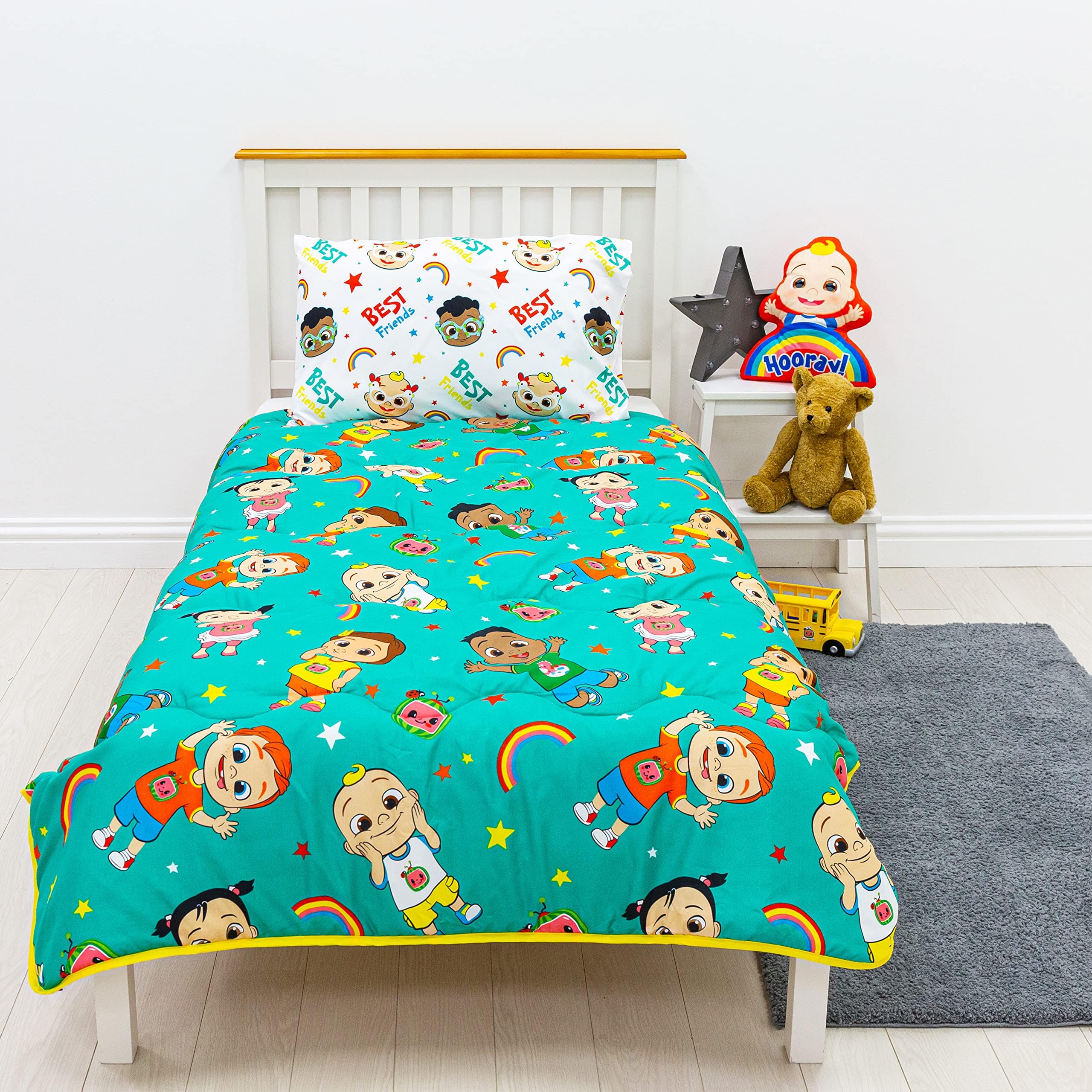 Rest Easy Single Coverless Duvet Bedding | Care Free Reversible Coverless Quilt & Pillowcase | Washable Duvet | Perfect For Travelling & Sleepovers, Cocomelon, 4.5 Tog