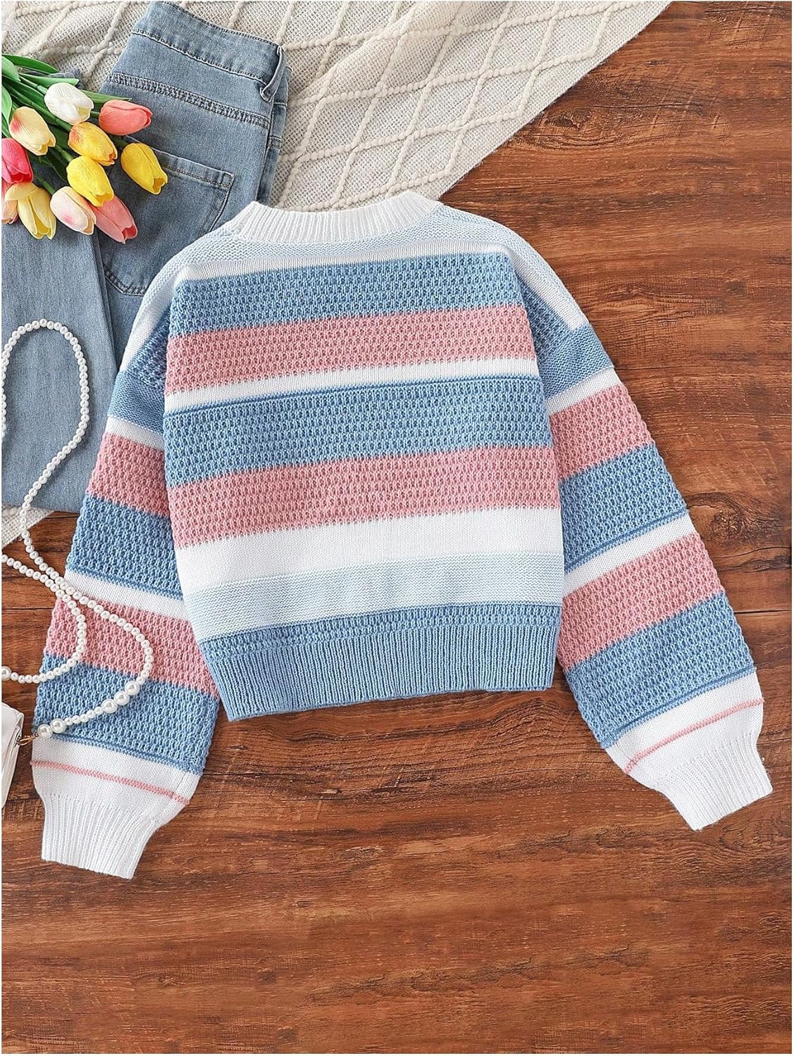 Girl's Color Block Striped Sweater Crew Neck Pullover Sweaters Loose Jumper - Image 3