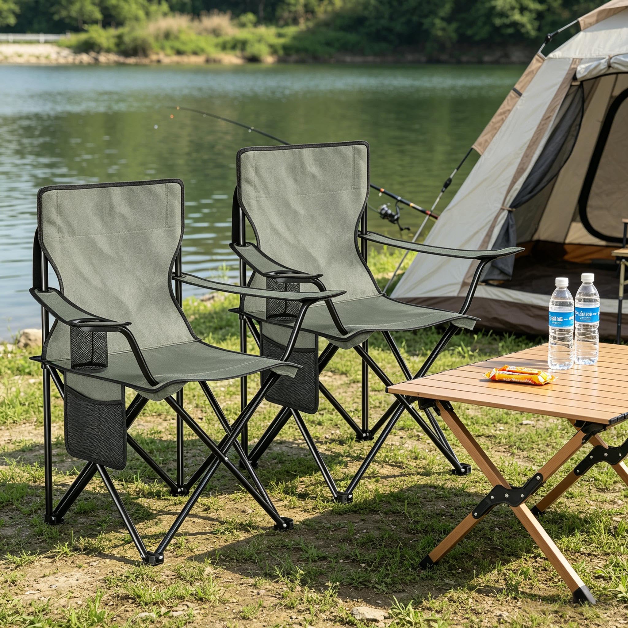 Lot de 2 chaises de camping pliantes avec porte-gobelet, chaise de plage et chaise de pêche, chaise de camping d'extérieur avec cadre en métal, tissu Oxford, gris foncé