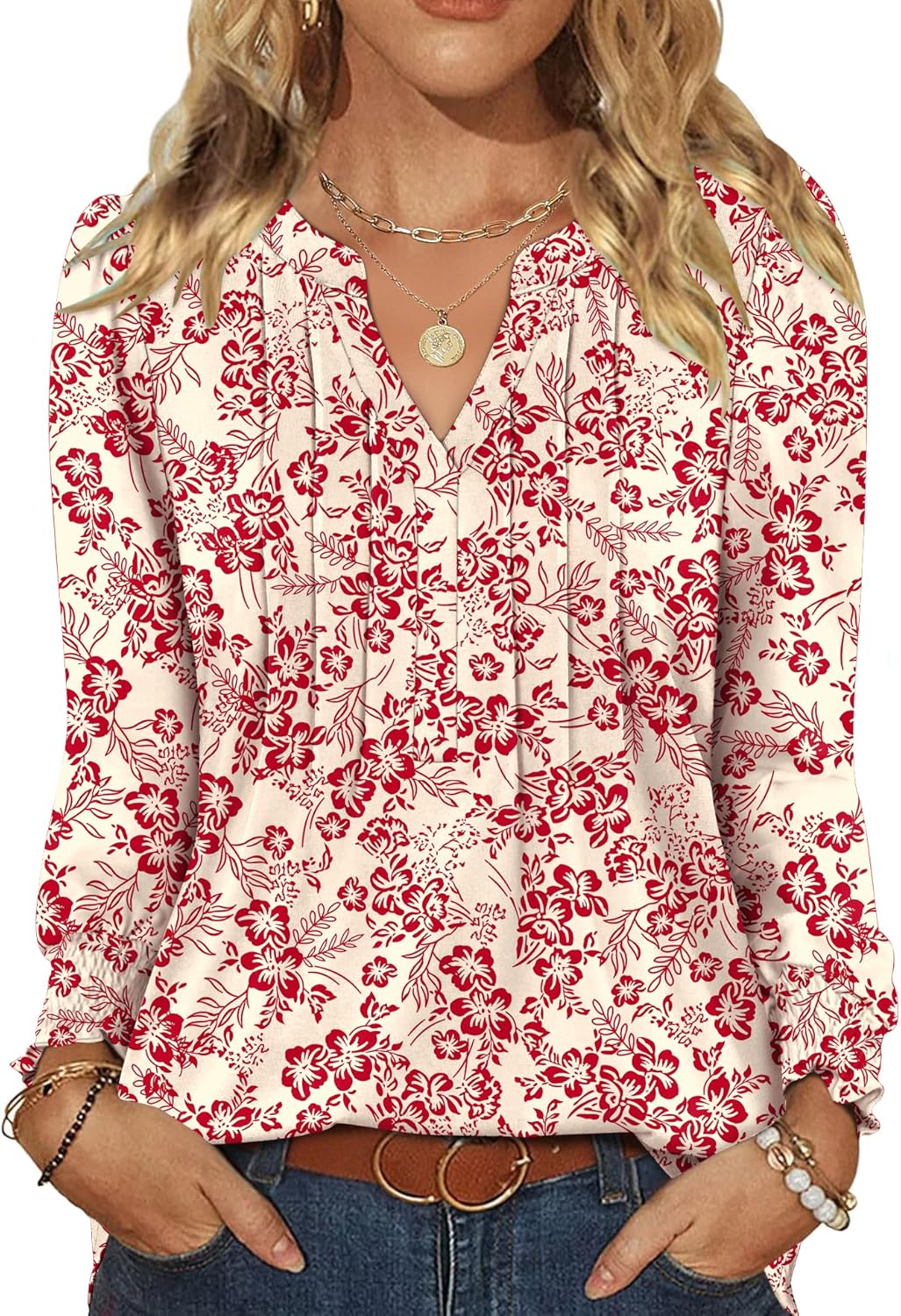 LOMON Womens Tops Dressy Casual Pleated Ruffle Long Sleeve Tunics Tops to Wear with Leggings V Neck Work Blouse