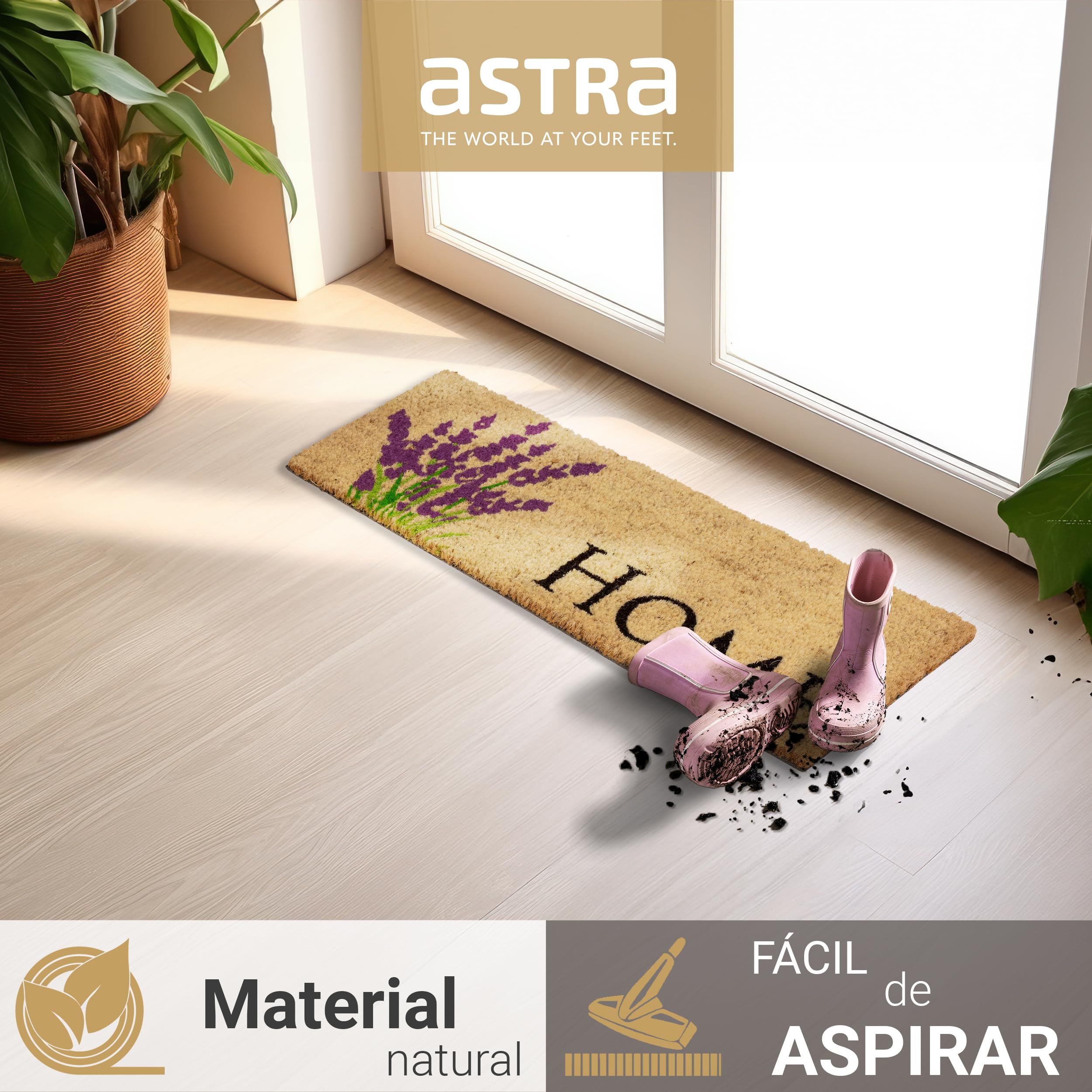Astra Felpudo Interior Crema Antideslizante - Felpudo de Coco Antibacteriano Resistente - 25x75 cm - Antipolvo 100% Coco
