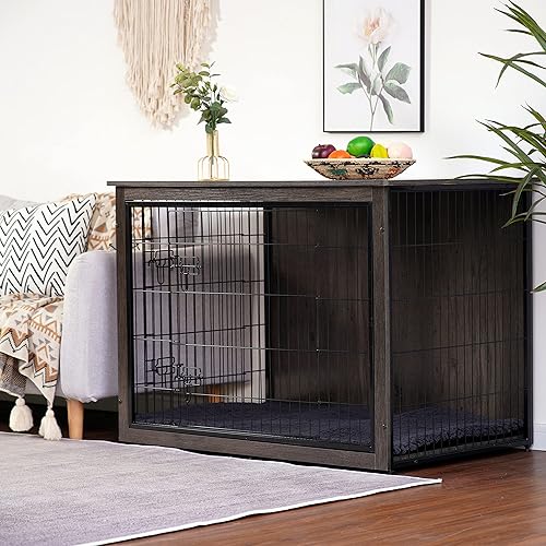 Vista 59 de DWANTON Mueble de jaula para perros con cojín, caja de madera para perros con puertas dobles, muebles para perros, perrera de interior, mesa Negro