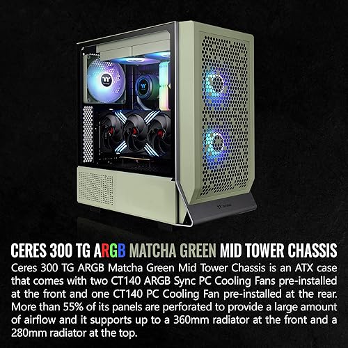 Miniatura 2 de Thermaltake Ceres 300 Matcha Green Mid Tower E-ATX carcasa para computadora con panel lateral de vidrio templado 2 ventiladores CT140 ARGB