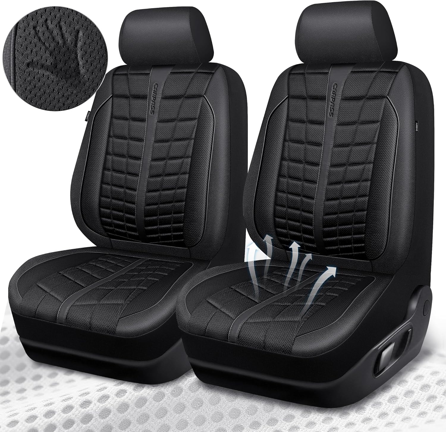 CAR PASS 3D Air Mesh Seat Covers for Car, Leather Car Seat Cover Front Seats, Breathable Foam Premium Leather Mesh Front Seat Covers Universal Fit for Cars Sedans Trucks Vans SUVs, All Black