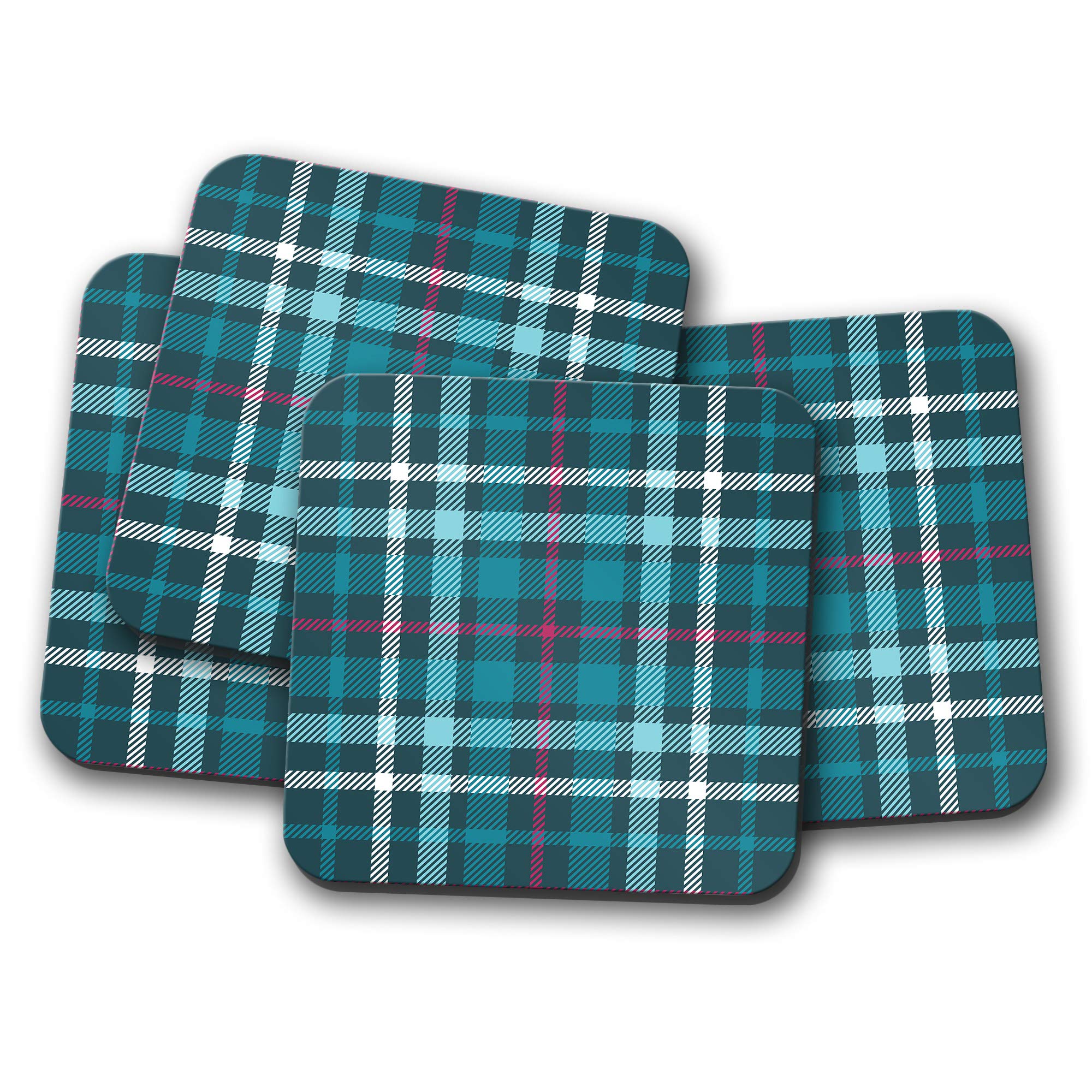 4 Set - Scottish Teal Tartan Coaster - Kilt Scotland Material Fabric #12328