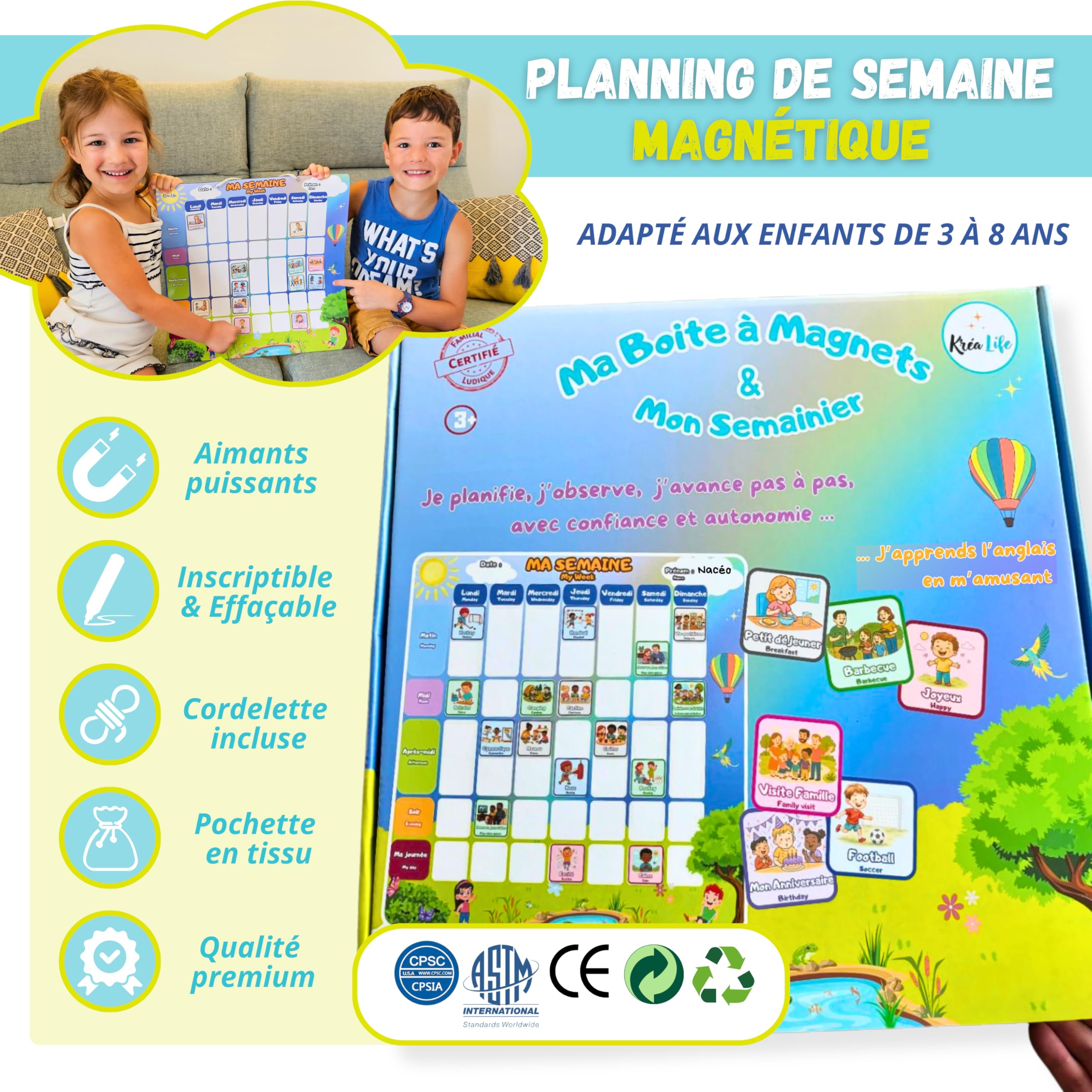 KréaLife® Planning Semaine Enfant Tableau Magnétique 40x40 cm +220 Aimants Colorés Éducatif Bilingue FR/EN