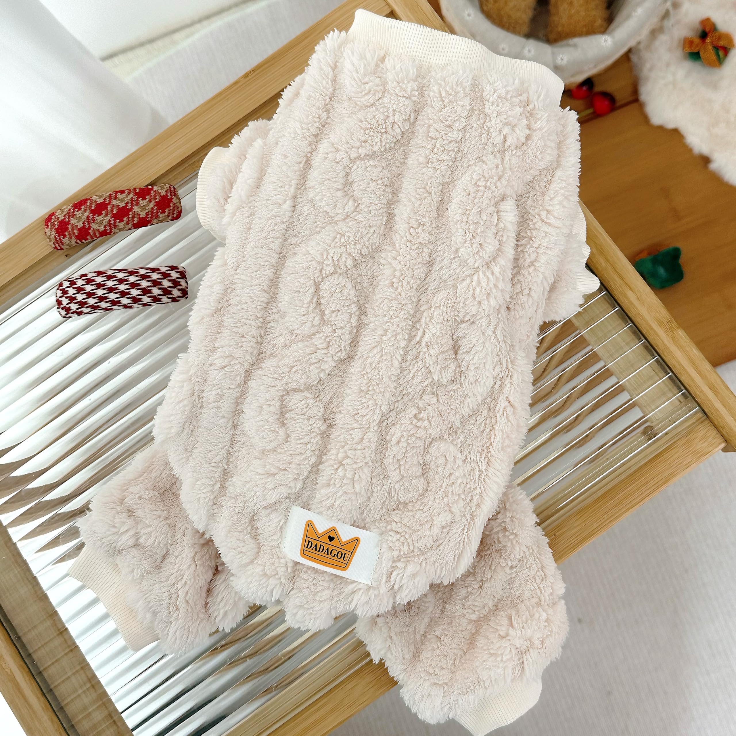 Loyanyy Plush Dog Pajamas for Cold Weather 4 Legged Clothes for Dog Cat Stretchy Puppy Kitten Onesie with Buttons Warm Soft Pet Jumpsuit Winter Coat White X-Large