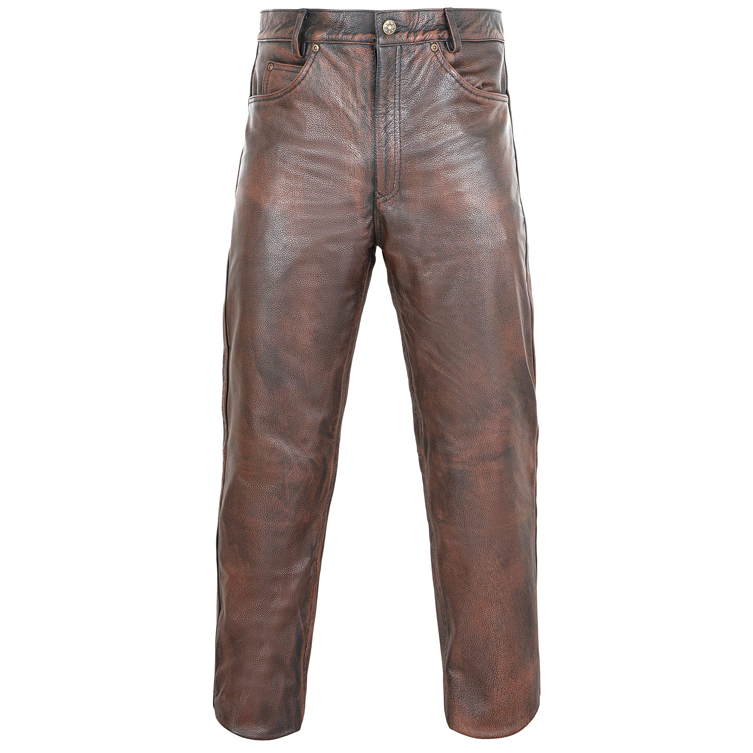 Demon Wears Men's Brown Distressed Motorcycle Leather Jeans Style Pants for Men