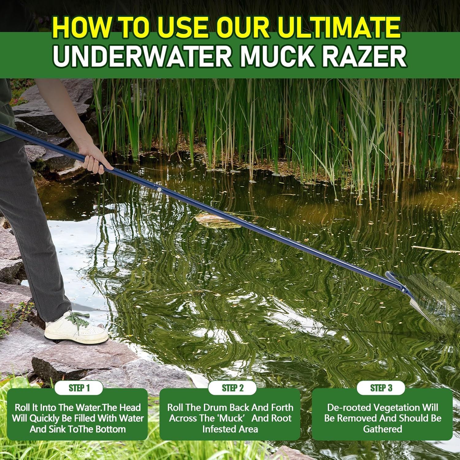 14 ft Roller Pond Rake Stainless Steel Lake Weed Removal Tool, Rid Weeds Roots and Muck Buildup, with 6 Pre Installed Stainless Steel Blades and 4 Aluminum Handles, Easy to Assemble, Blue