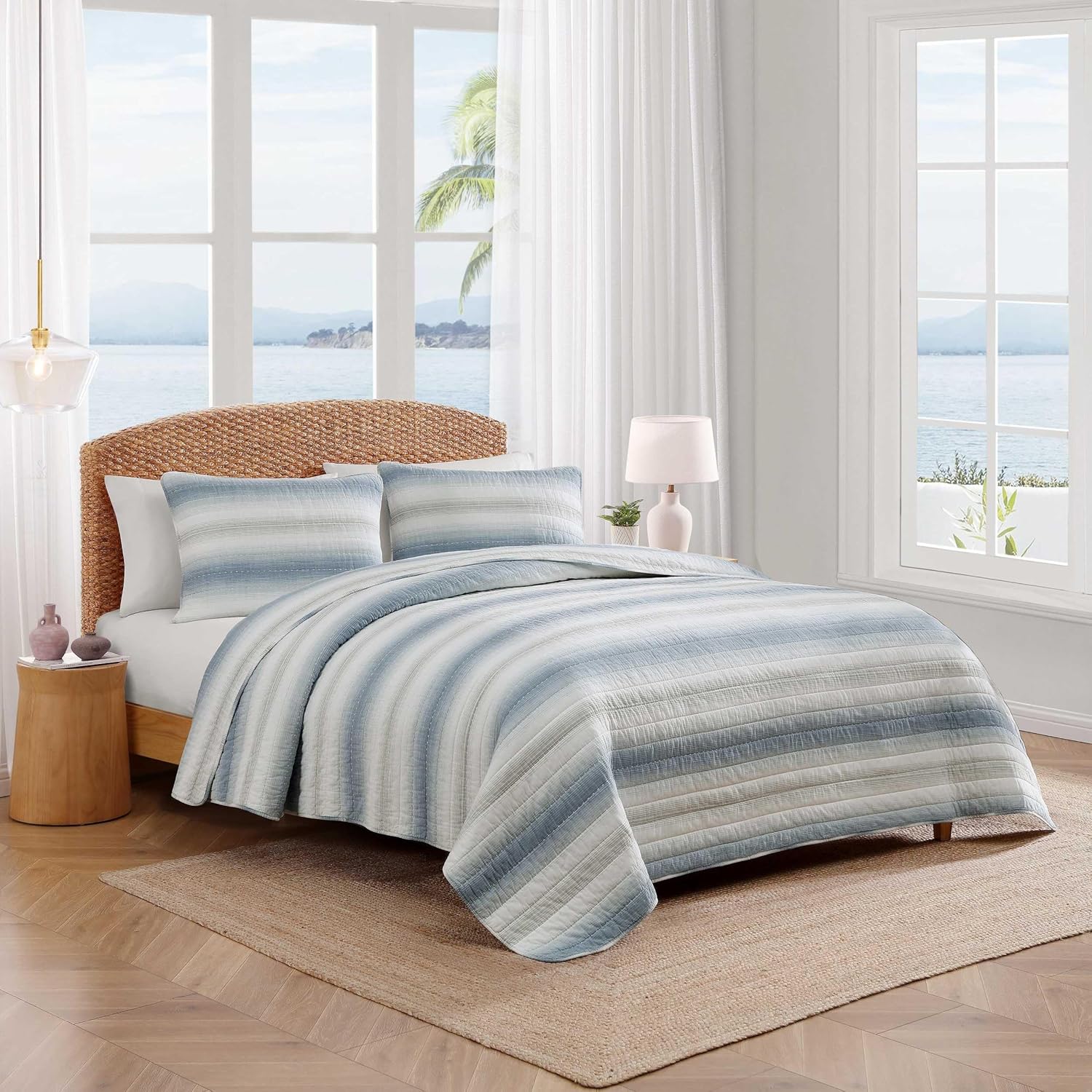 Tommy Bahama - Queen Size Quilt Set, 100% Soft Cotton & Coastal Inspired Bedding for Year Round Comfort, 3 Piece Bed Set with Matching Pillowcases (Prima Island Stripe Blue)