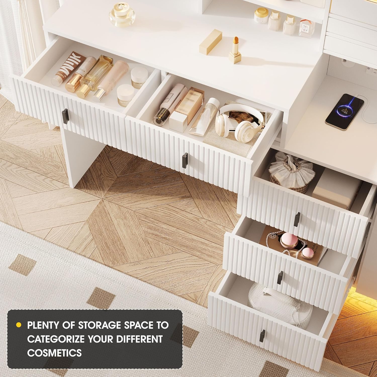 Vabches 59" Large Vanity Desk with Mirror and Lights,White Makeup Vanity Table with Jewelry Cabinet & 7 Drawers,Modern Dressing Table with Charing Sation & Shelves for Bedroom