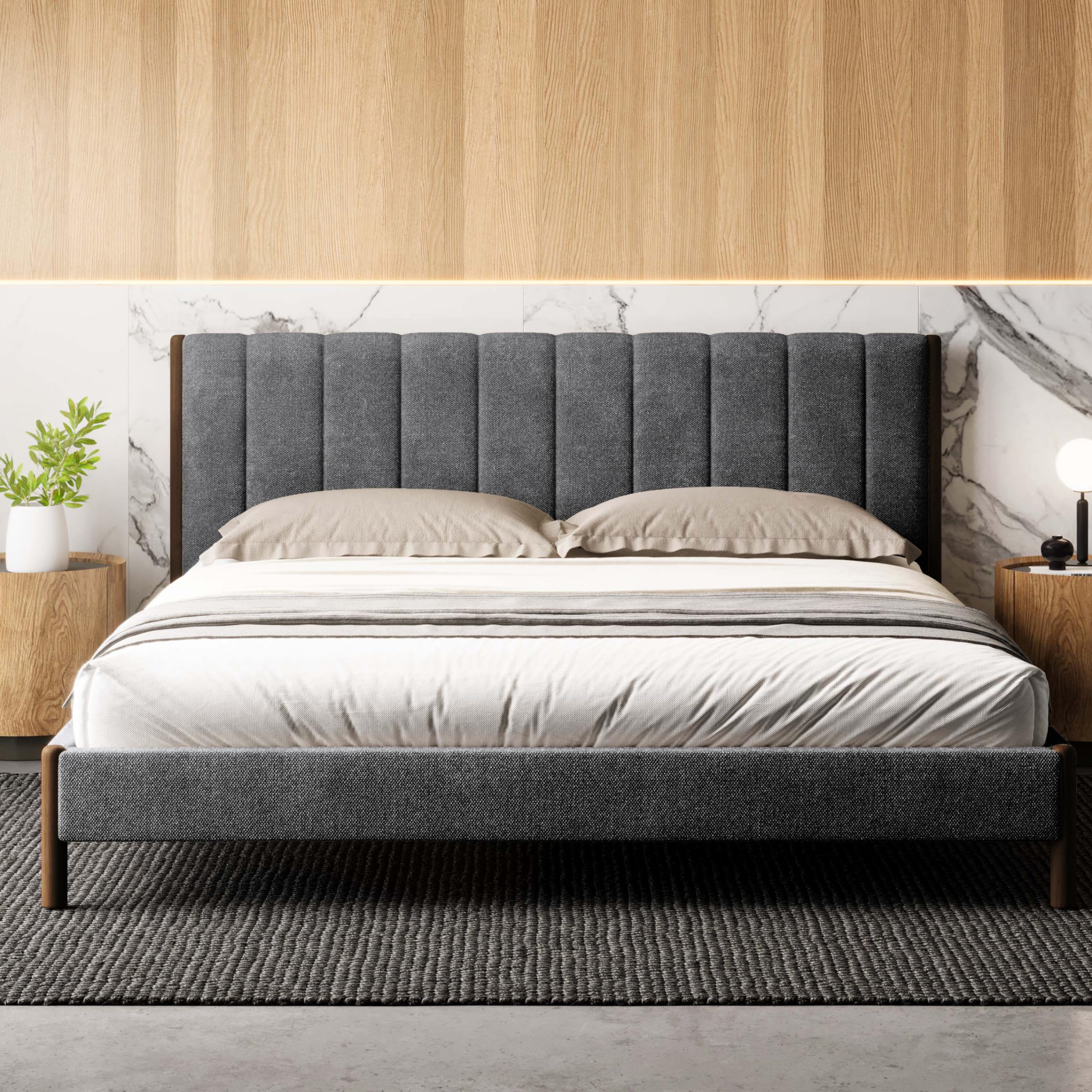 Exton Upholstered Platform Bed with Vertical Channel Tufted Headboard | Box Spring Not Required | Dark Gray, King Size