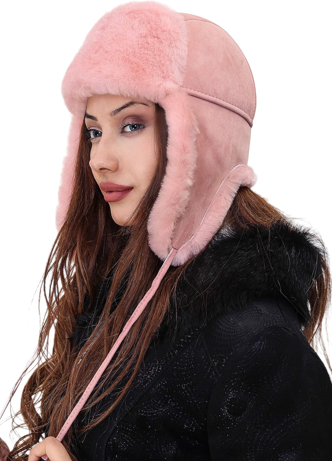 Unisex Shearling Sheepskin Leather Aviator Russian Ushanka Trapper Winter Fur Hat (Pink, Medium)