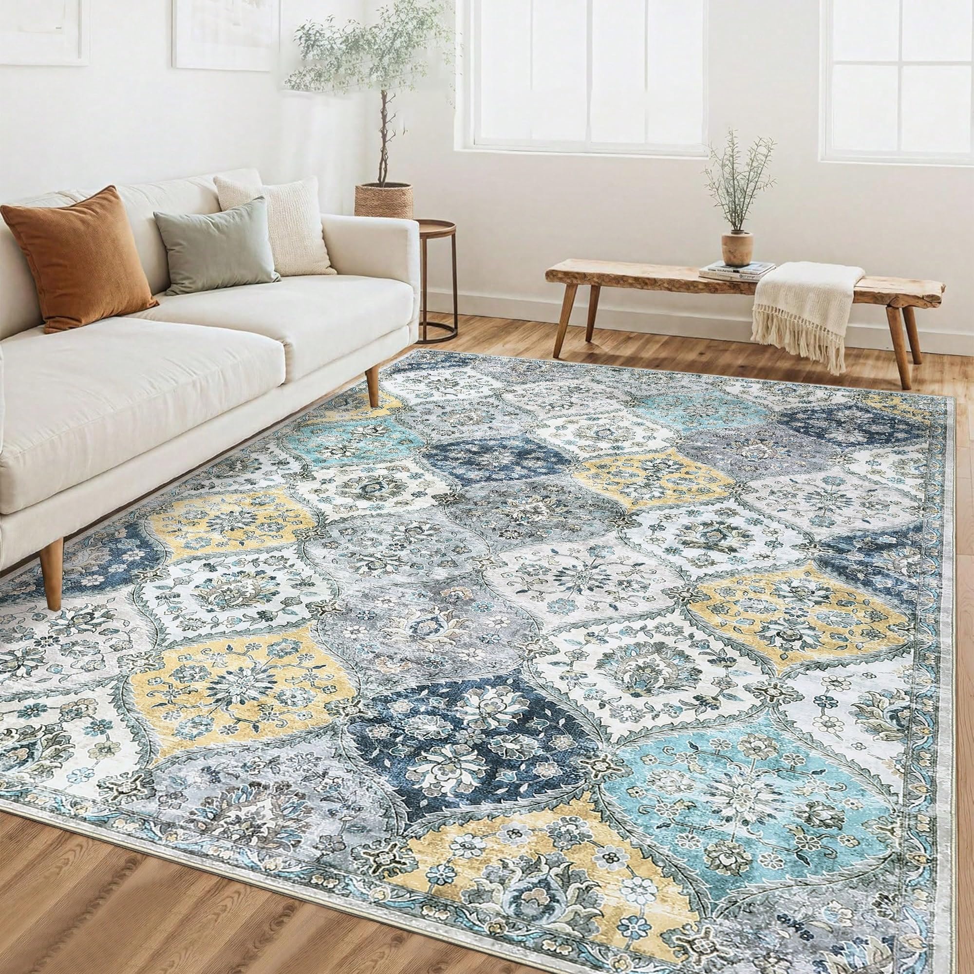 Tapis d'appoint floral bleu rétro 180x240 cm résistant pour le salon et la chambre