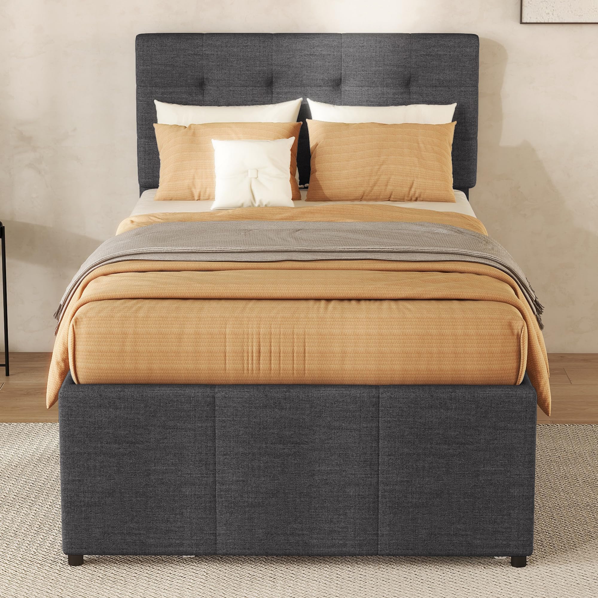 Letto imbottito 90 x 200 cm, letto singolo con 3 cassetti, telaio letto con letto estraibile 90 x 190 cm, testiera regolabile, letto familiare, lino, senza materasso (grigio, 90 x 200 cm)