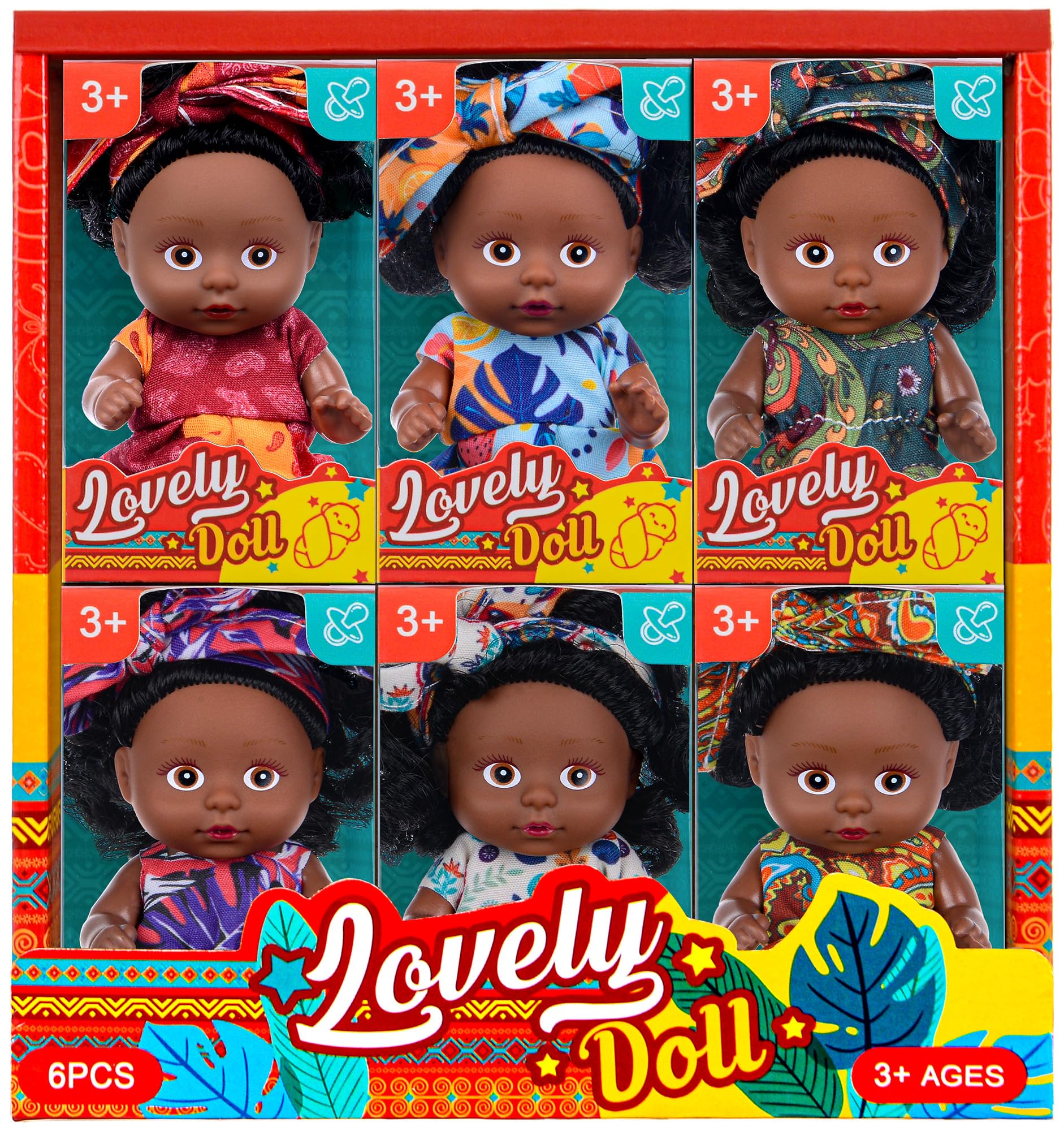 Juego de 6 muñecas africanas de 4 pulgadas, mini muñecas negras con trajes coloridos y bandas para el cabello, regalo para niñas de 3-6, 6-12 juguetes educativos y figuras decorativas 2
