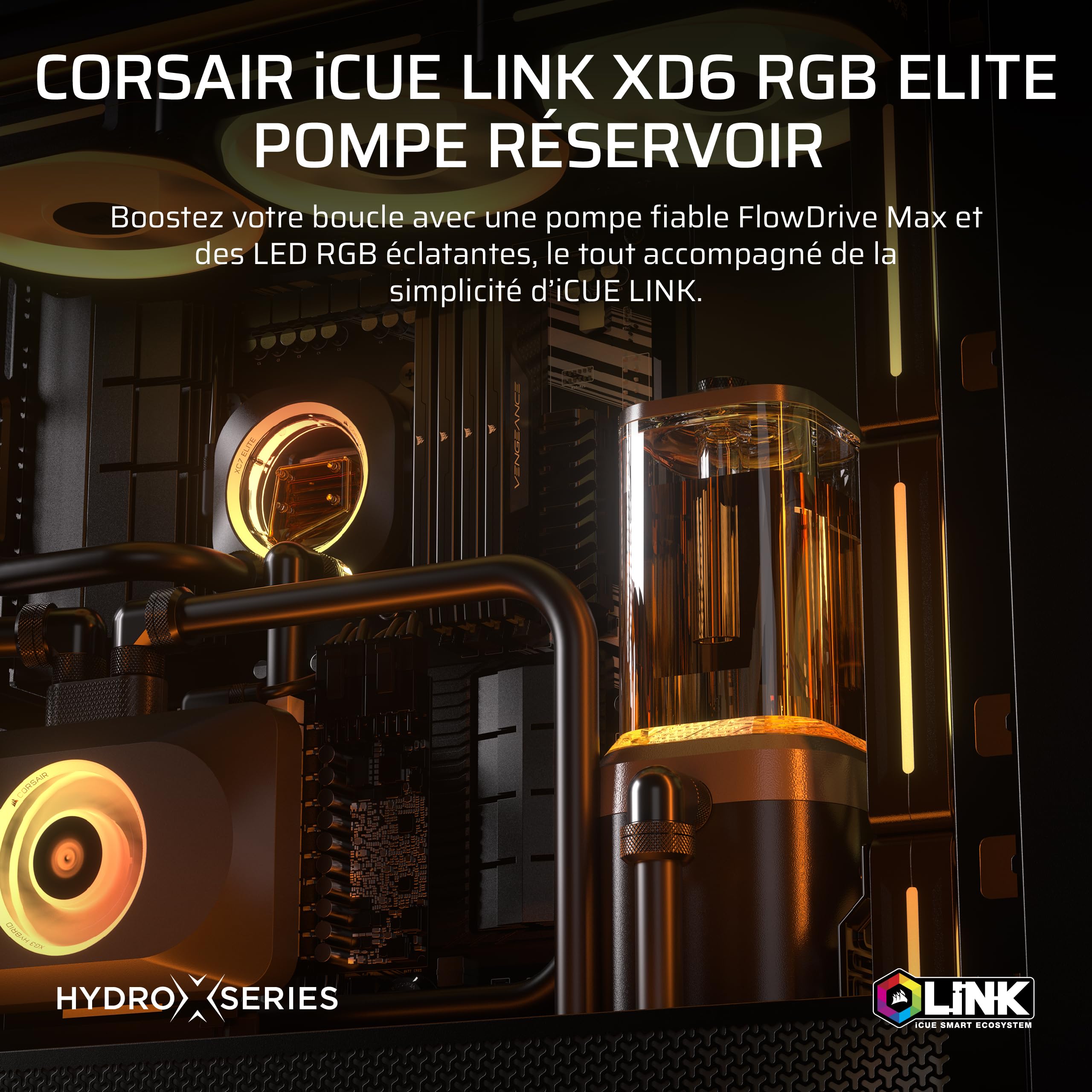 CORSAIR iCUE Link XD6 RGB Elite Pump/Reservoir – Pompe FlowDrive Max, Capteur de Température Intégré, 22 LEDs RGB Adressables, Réservoir 440ml en Nylon Transparent – Gris Furtif