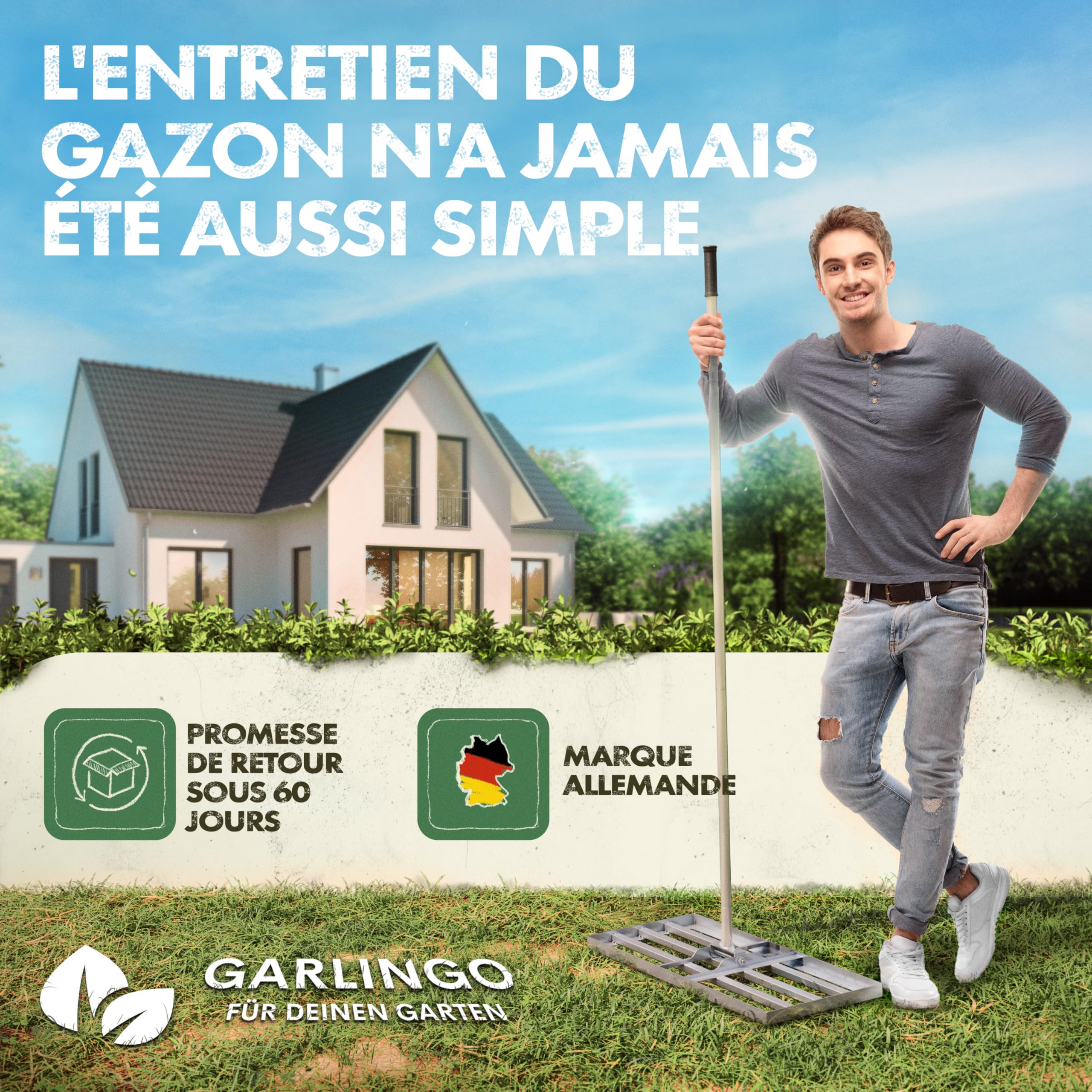 GARLINGO Râteau à gazon | 75 x 35 cm | Avec manche métallique de 1,7 m | Râteau à gazon pour ratisser la pelouse, niveler le sable de la pelouse, aérateur niveleur de pelouse avec râteau