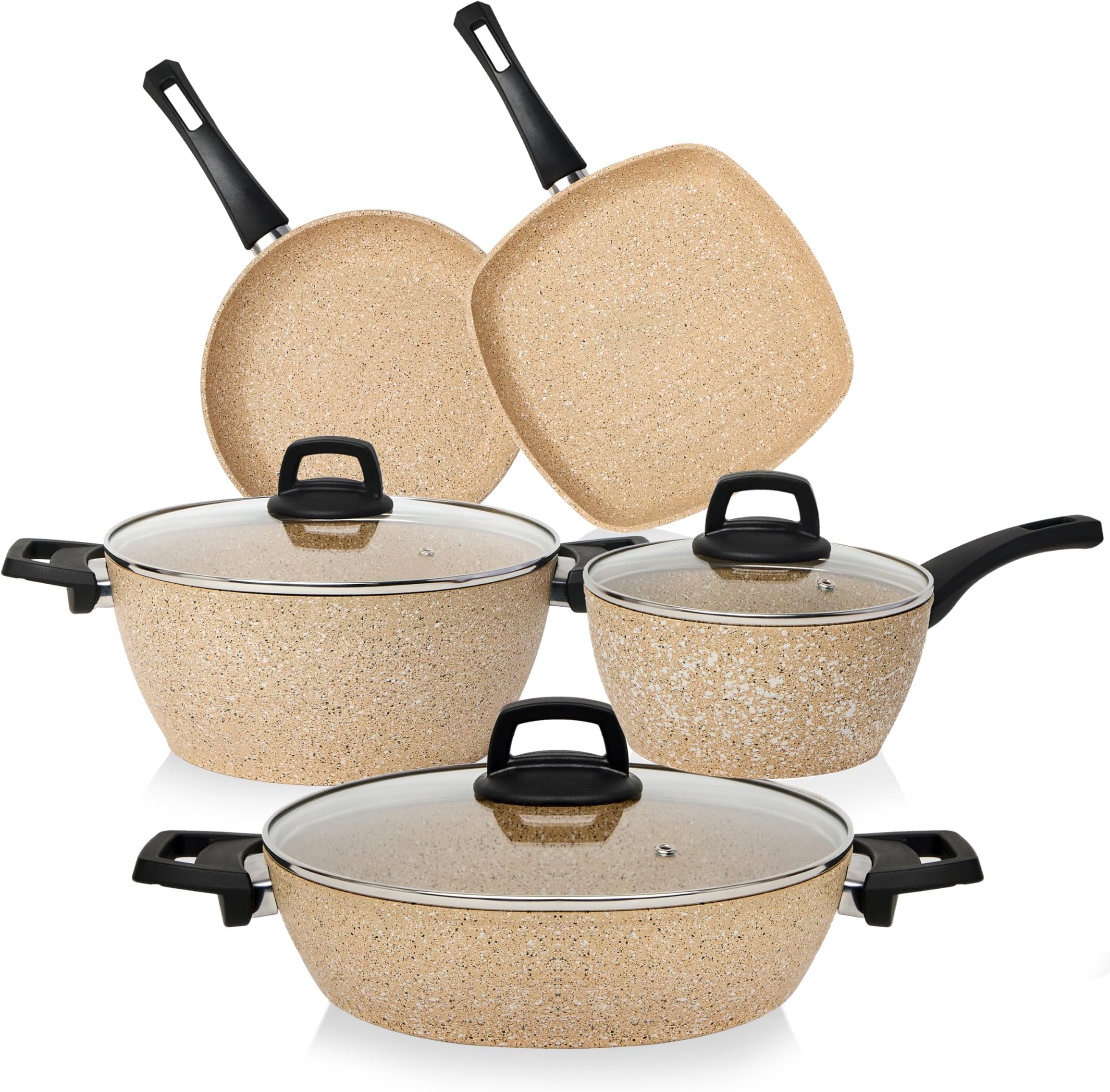 V A V GET Premium Granite 8-PCS Cookware Set, Healthy, Safe, Eco-Friendly, Non-Stick, Durable. Set includes: 26cm Deep and Shallow Casseroles, 18cm Sauce, 26cm Fry and 28cm Grill Pans with Lids.
