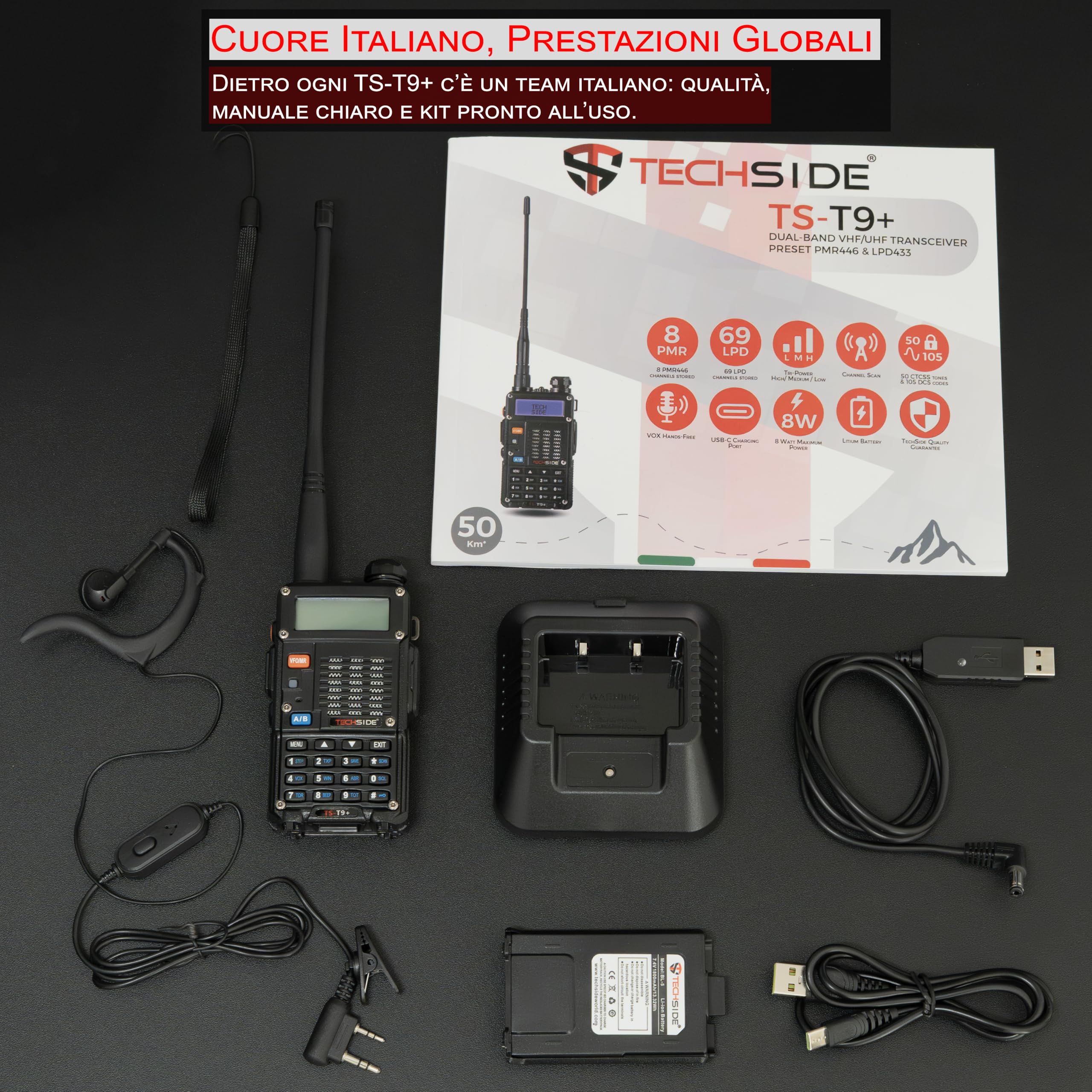TechSide Walkie Talkie 8W | TS-T9+ Radio Ricetrasmittente Dual Band VHF UHF Tri-Power | Firmware Italiano | Batteria 1800mAh con Ricarica USB-C | 128 Canali, PMR446 VOX | Qualità e Assistenza Italiana