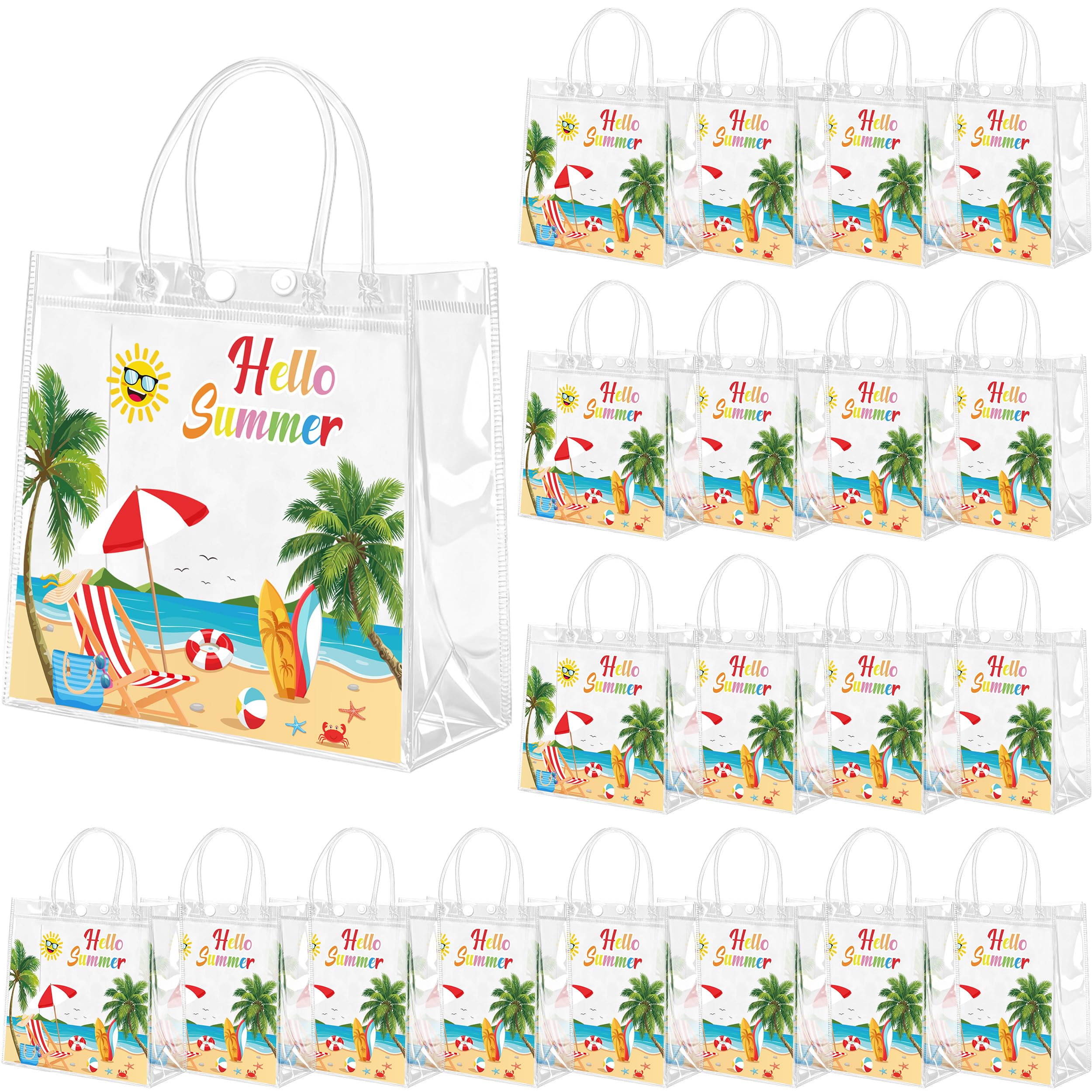Renbuzhu 25PCS Summer Gift Bags Bulk 8 x 8 x 3Inches: Clear PVC Transparent Bag Waterproof Tote with Handles Beach Pool Birthday Tropical Party Supplies