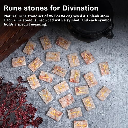 Miniatura 8 de Crocon Sunstone - Runas de piedras preciosas con forma de rectángulo con alfabeto Futhark de élder grabado, 25 piezas, juego de runas de cristal de