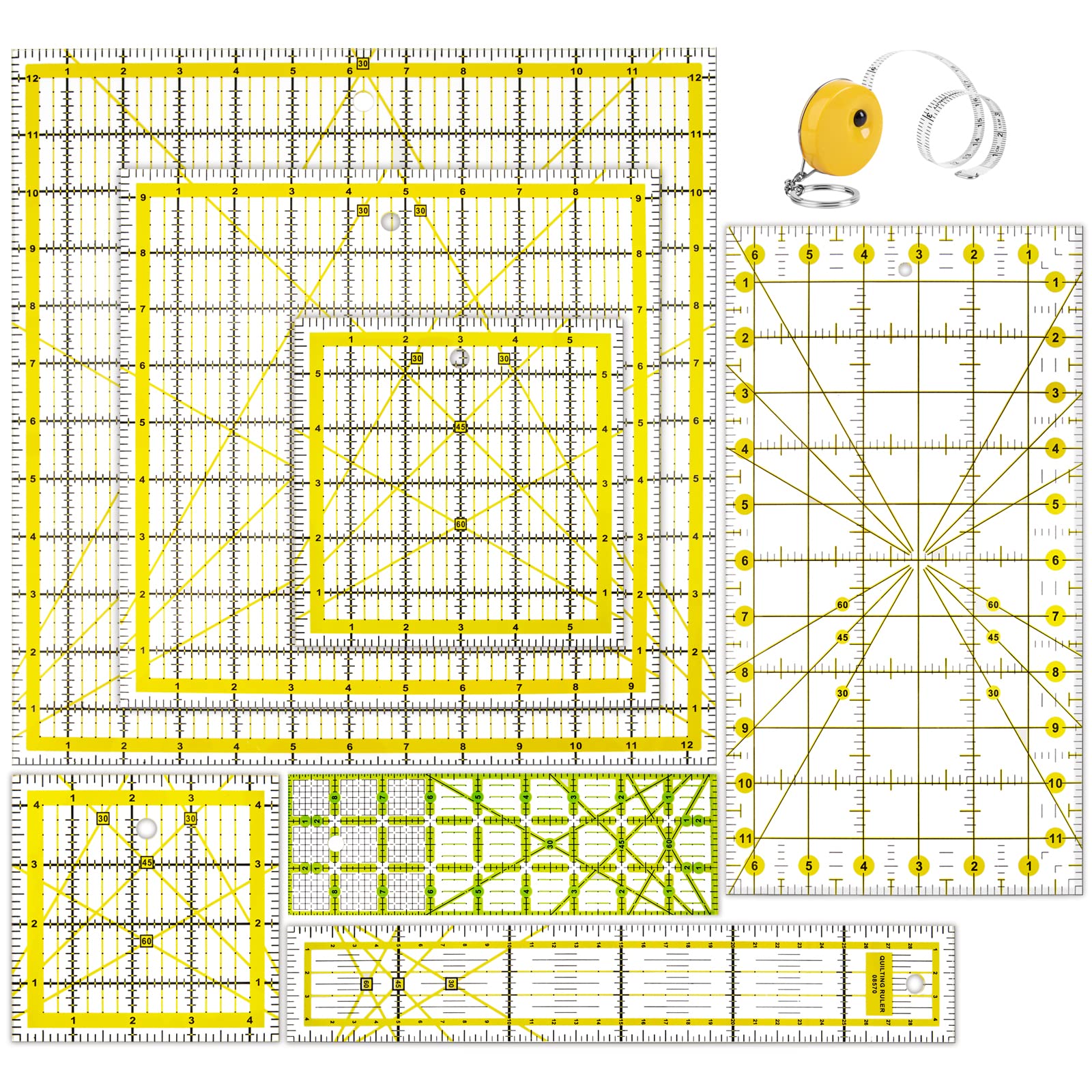 WhisperDreamAcrylic Sewing Ruler Set - Quilting Rulers Plus a Tape Measure - Fabric Cutting Ruler with Double-Colored Grid Lines for Precision Cutting, Great for Sewing, Quilting, Drawing and Crafts