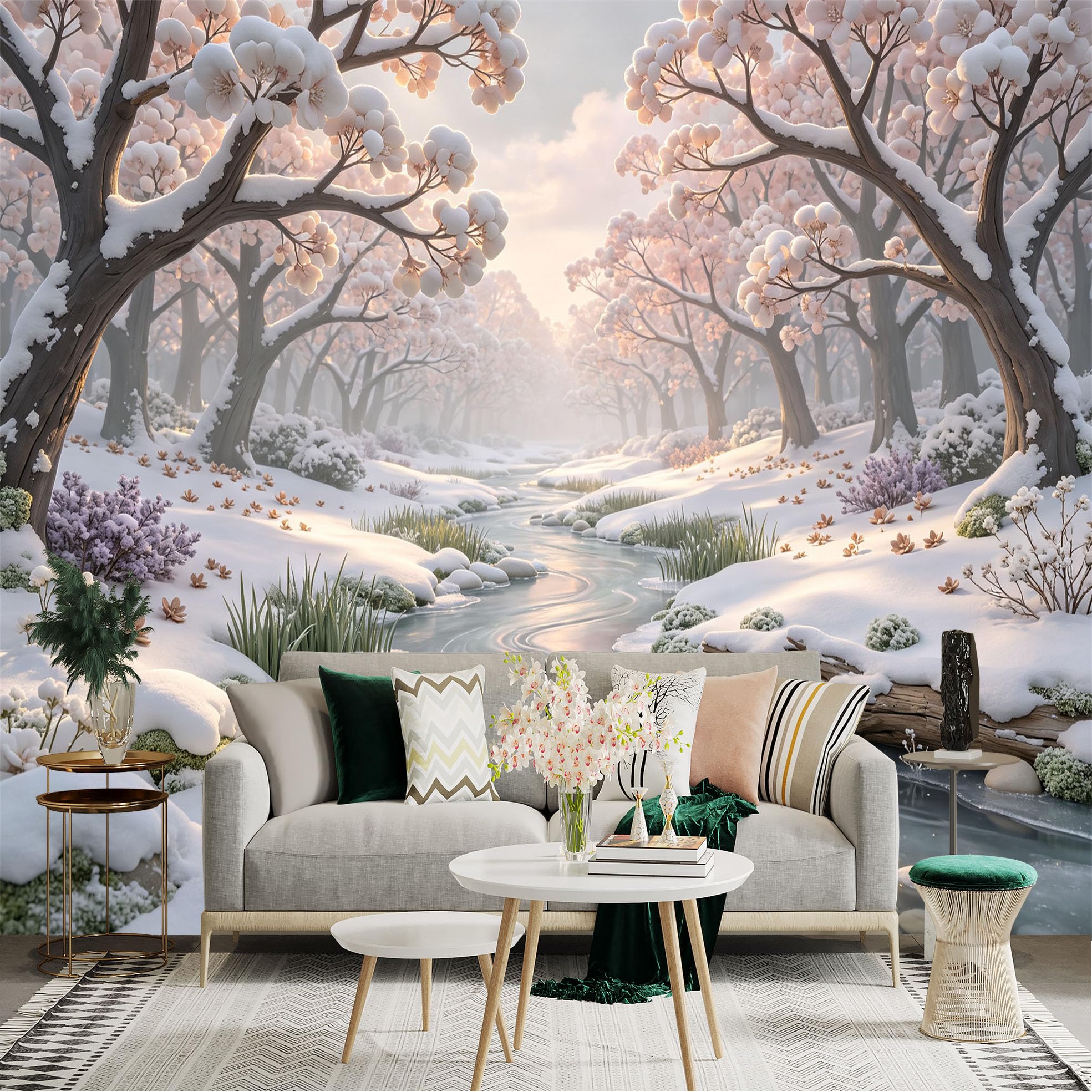 Lnzczhyre Bh260719324 Custom Size Wall Sticker Mural， Snowy Forest Landscape With Blossoms， Frozen Creek， Winter Nature Scenery， Peaceful Woodland Morning， For Wall Decoration， Peelandstick Wall Decals.