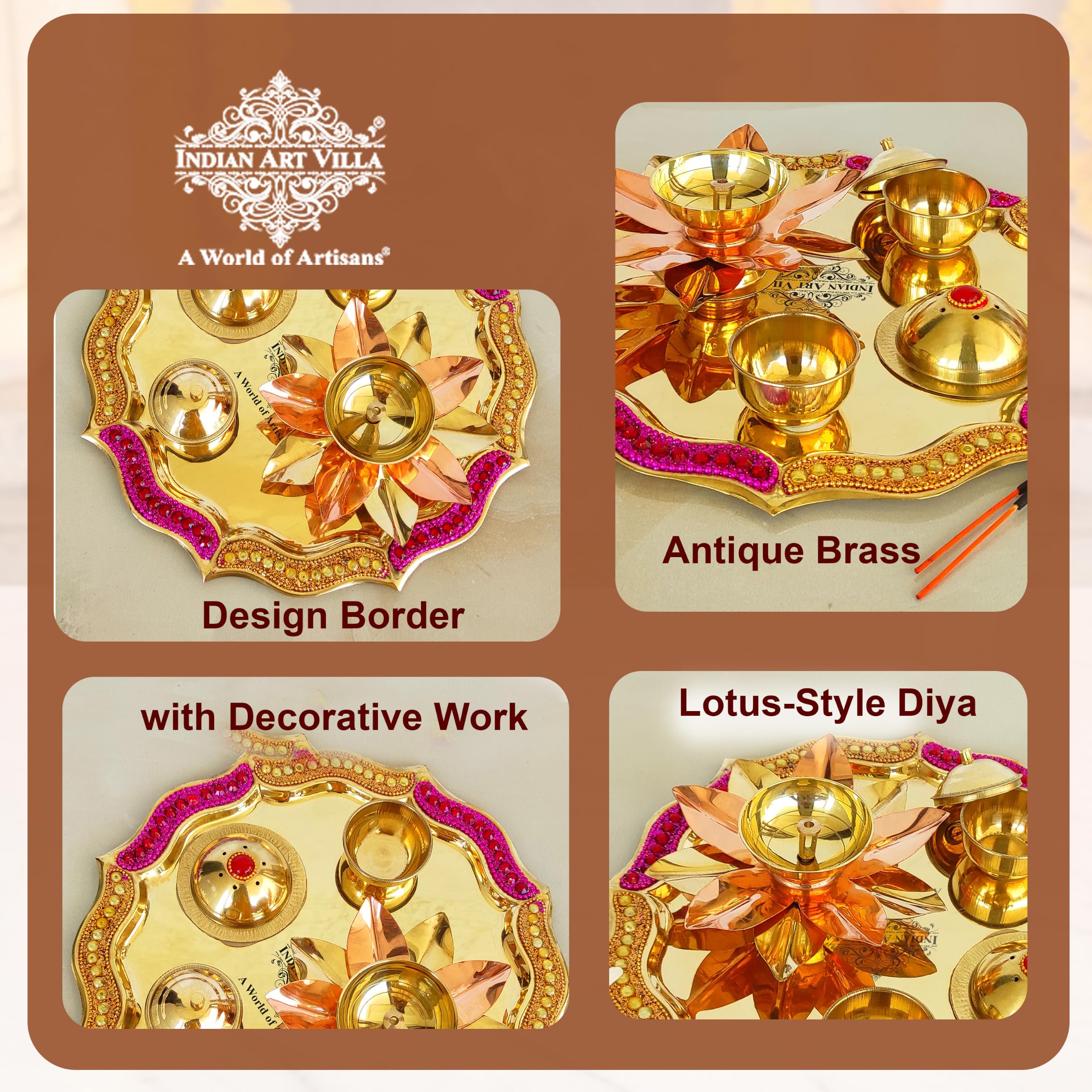 INDIAN ART VILLA Brass Red Beaded Design Pooja Thali, Aarti thali for Home/Temple, Spiritual Gift Item (Golden, 10 Inches) - Pack of 1 4
