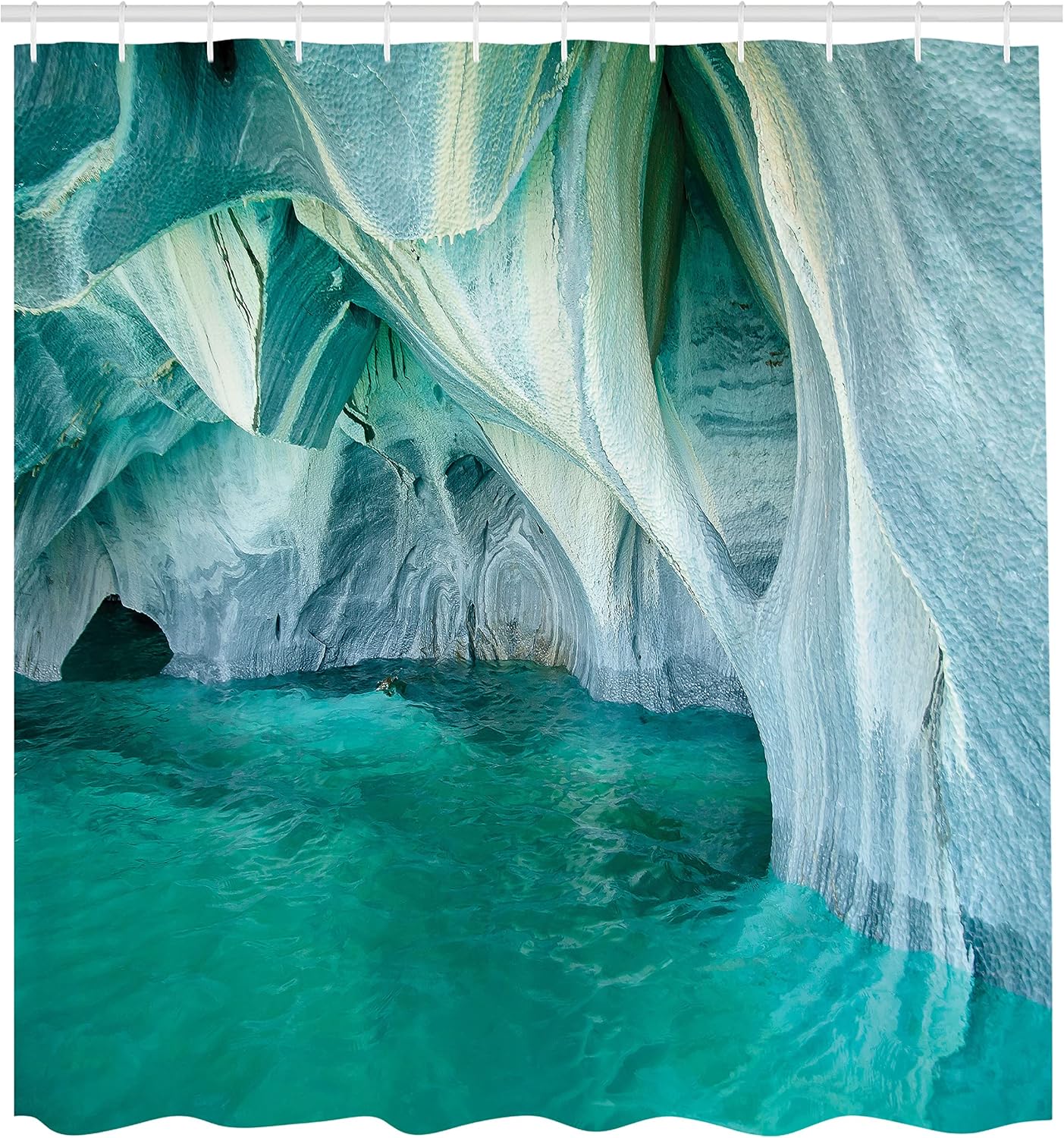 Ambesonne Nature Shower Curtain, Natural Marble Cave at European Mediterranean Lake Geologic Eroded Art Photo, Cloth Fabric Bathroom Decor Set with Hooks, 69" W x 70" L, Turquoise Grey