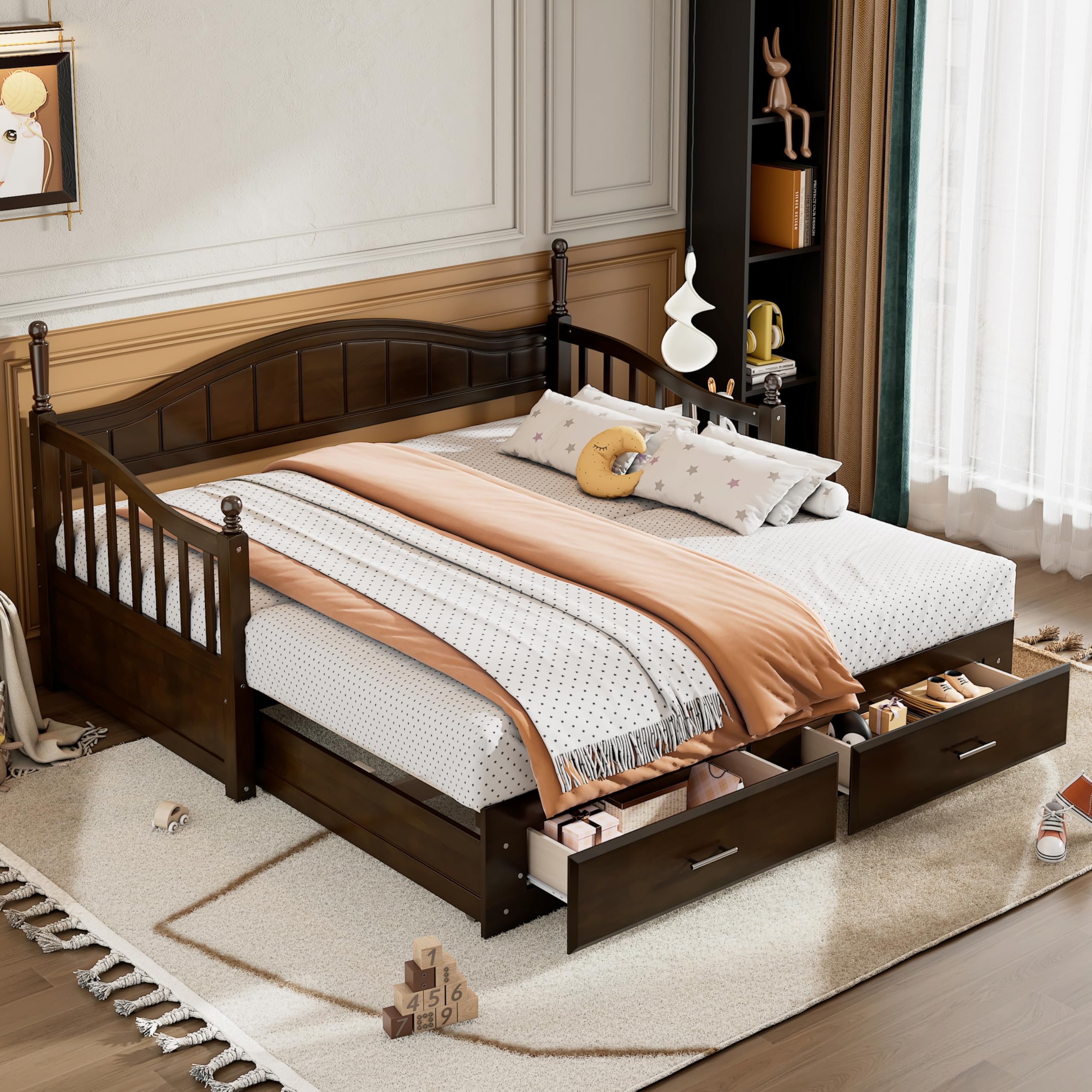 (incomplet 1 box of 3)Merax Modern Wood Daybed with Pop Up Trundle TwinExtendable Sofa Bed Frame for Kids Teens Adults/No Box Spring Needed Espresso