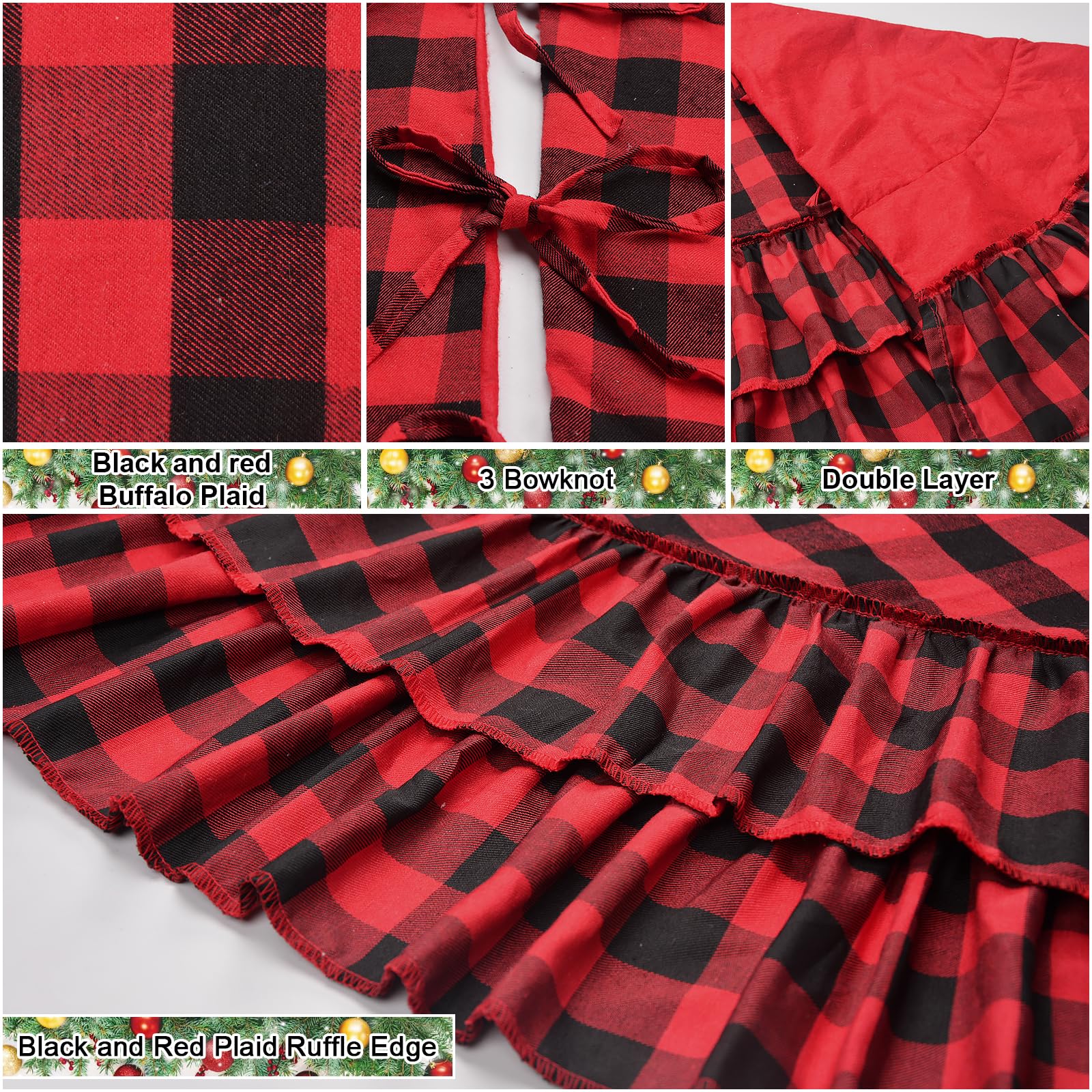 yuboo Buffalo Plaid Mothers Day Tree Skirt, Large Red and Black Checkered Christmas Tree Mat Rug 48 inches with Ruffle Border, Rustic Farmhouse Tree Decor