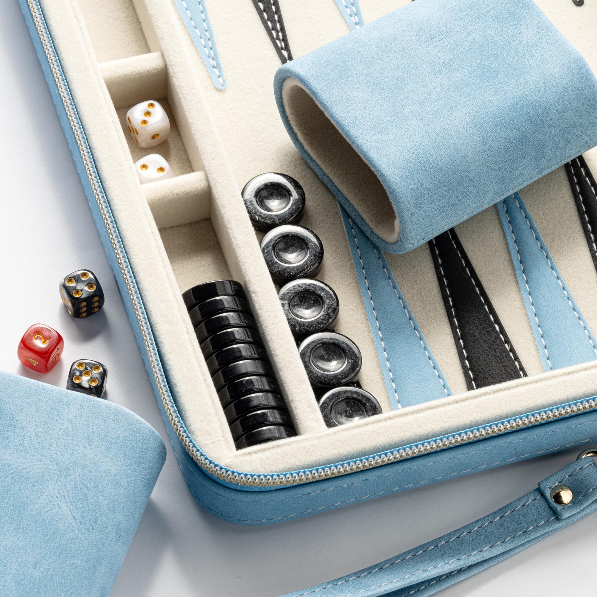 Gry w backgammon 23,9 cm dla dorosłych, klasyczna gra planszowa z składanym etui z syntetycznej skóry, przenośny zestaw do gry w backgammon (niebieski)