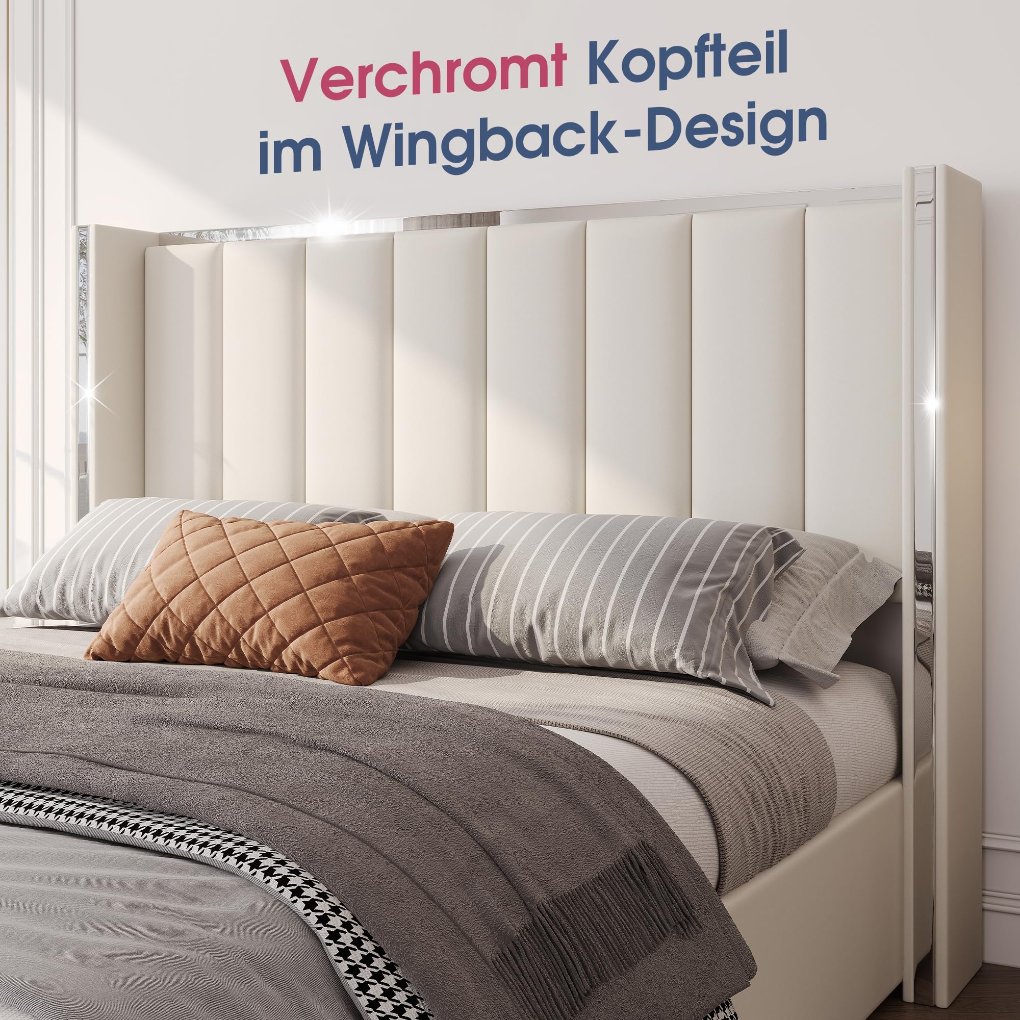 LUXOAK Polsterbett 160x200 mit Bettkasten & Liftfunktion, Beige | 115cm Wingback-Kopfteil mit Chromdetails, weicher Samtbezug, großer Stauraum, stabiler Holzrahmen, leiser Lattenrost