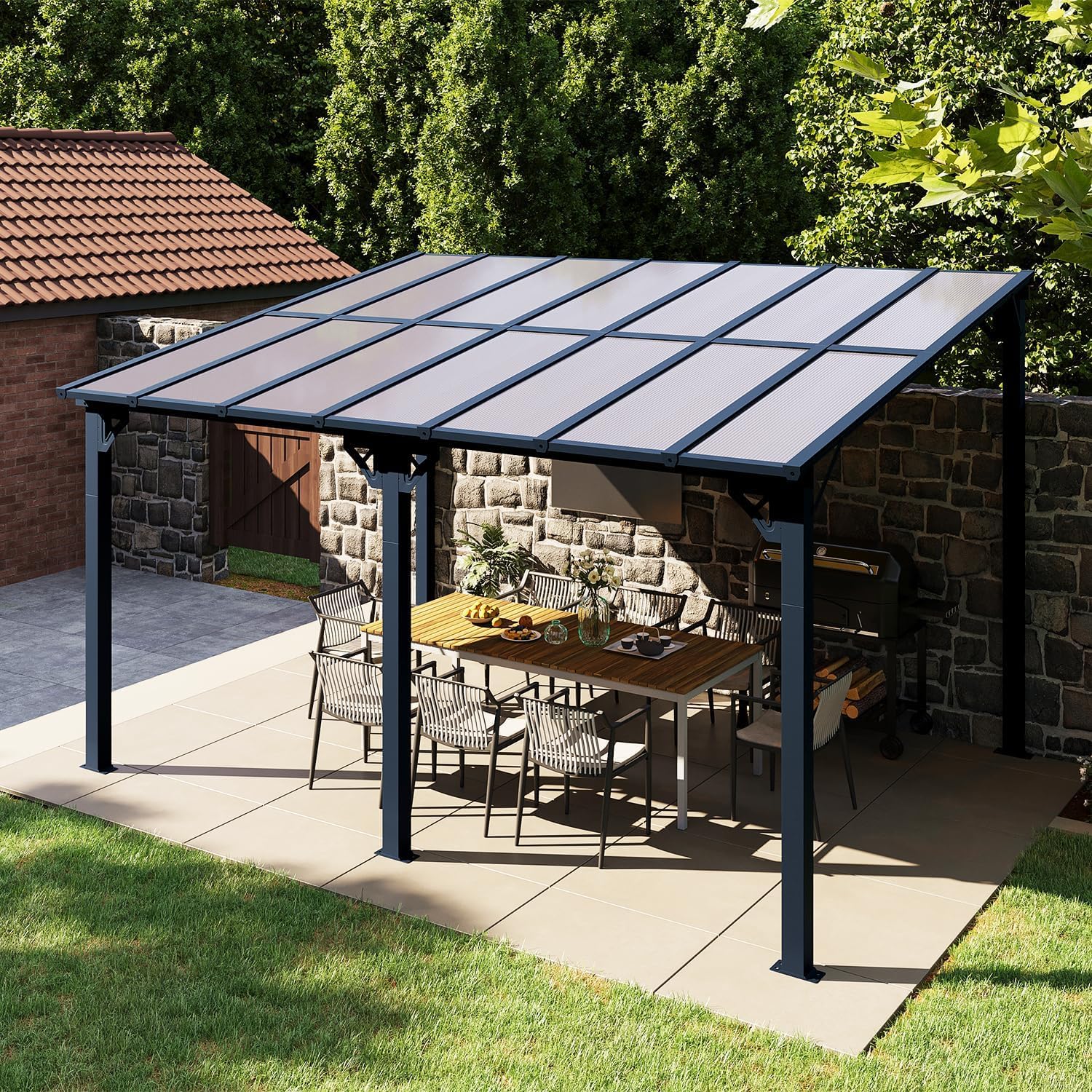 Aoxun 14x10 Wall-Mounted Aluminum Gazebo with Polycarbonate Roof - Sloped Pergola for Patio, Backyard, Deck