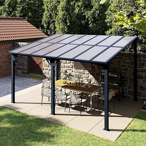 Aoxun 14'x 10' Premium Gazebo with Aluminum Top Frame & Polycarbonate Panel, Wall Mounted Gazebos Pergola, Outdoor Patio Lean to Gazebo, Awnings with Sloped Roof, for Backyard, Porch, Deck