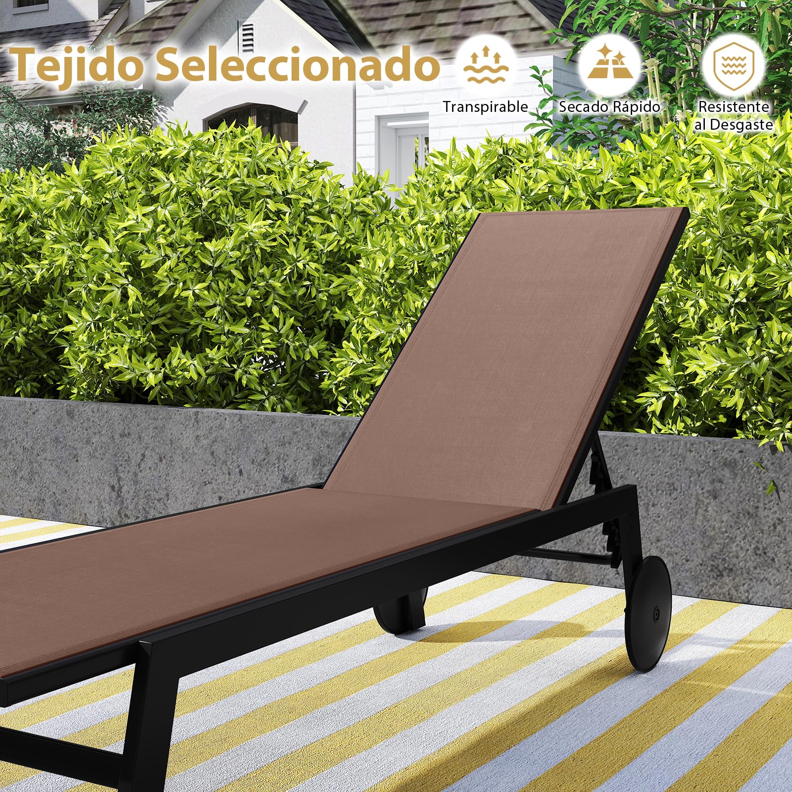 COSTWAY 1/2 Tumbonas Jardin Exterior con Ruedas, Tumbona Reclinable, Respaldo Ajustable en 6 Posiciones, Textilene, Espreguiçadeira Jardim Piscina Terraza Playa (café,2)