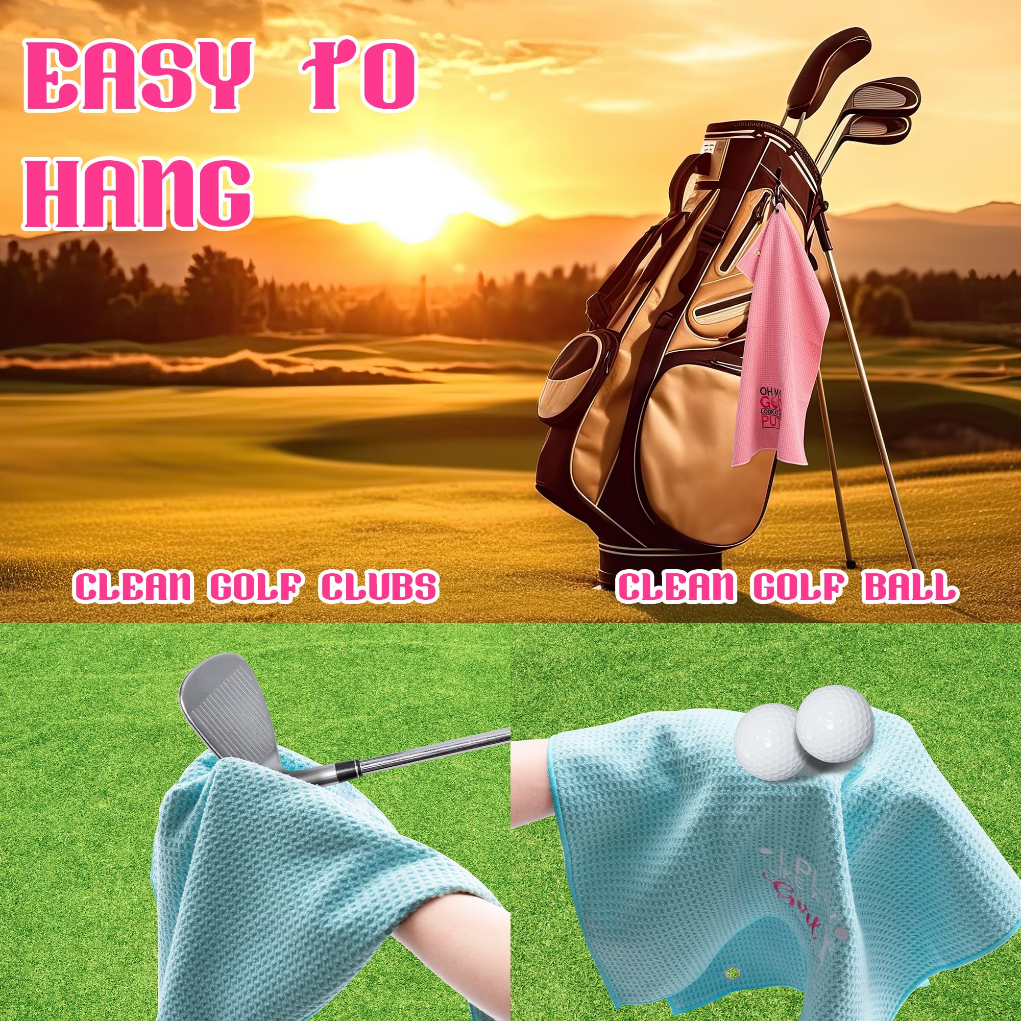 Lot de 3 serviettes de golf absorbantes en microfibre pour femme, rose, motif brodé avec mousqueton pour sacs, cadeaux de sport, accessoires pour maman, épouse, golfeurs