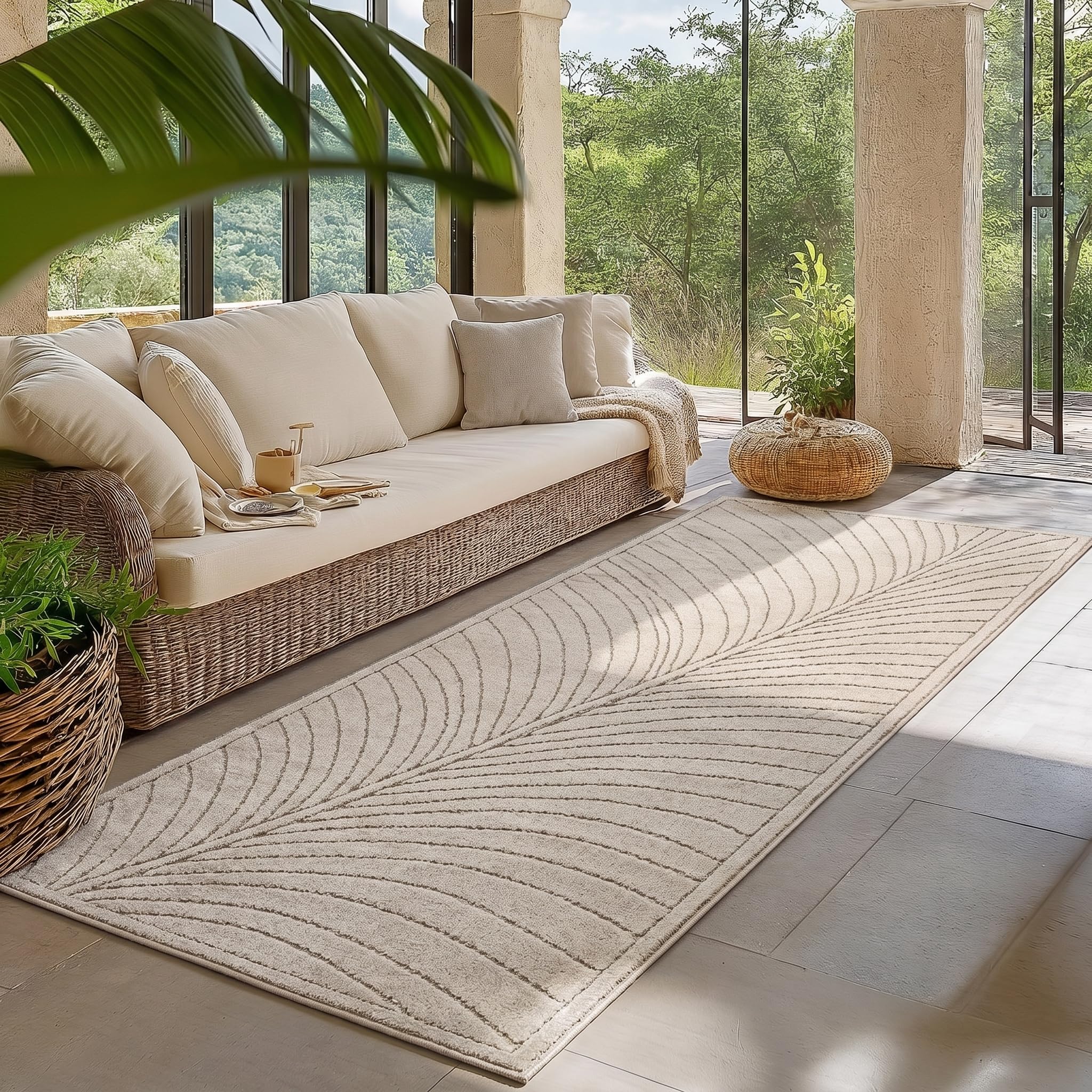 HomebyHome Kurzflor Teppich Wohnzimmer Schlafzimmer 3D Hoch-Tief-Effekt, Skandinavisch Boho Motiv, für Outdoor Bereich geeignet Terrassen oder im Balkon