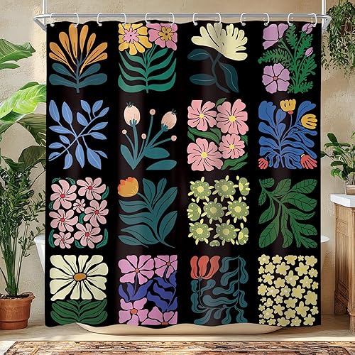 Cortina de ducha retro de 60 pulgadas de ancho x 72 pulgadas de largo, vintage, abstracta, bohemio, floral, botánica, geométrica, negro, colorido,