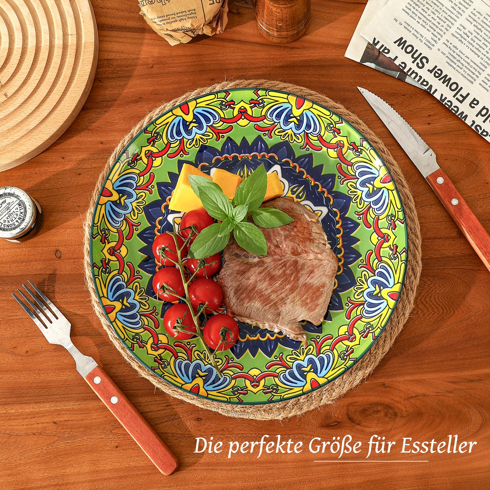 AHX Keramik Teller Set für 6 Personen - Bunte Speiseteller für Salat, Steak & Hauptspeise - Großes Boho Essteller Set - Spülmaschinenfest und Mikrowellengeeignet - 26,7 cm