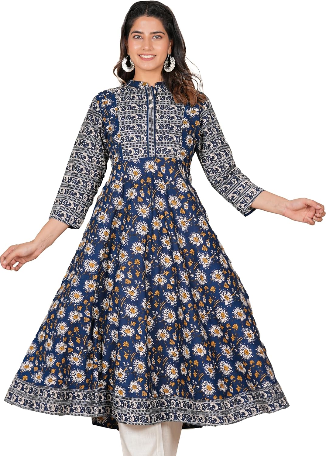 Yash Gallery Women's Floral Printed Yoke Design Pure Cotton 3/4 Sleeve Indian Anarkali Kurta For Summer