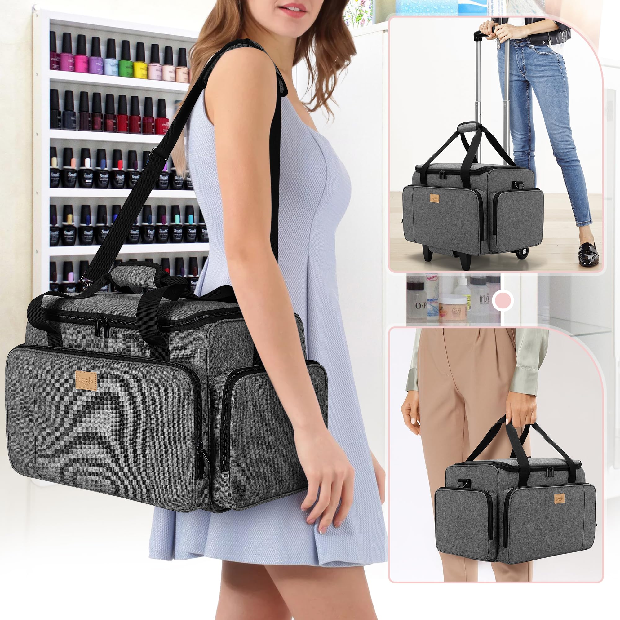 Luxja Organizador Esmaltes de Uñas con Ruedas para 90 Botellas y una Lámpara de Uñas, Bolsa para Esmalte de Uñas con Trolley Desmontable, Estuche Esmalte de Uñas (Solo Bolsa), Gris