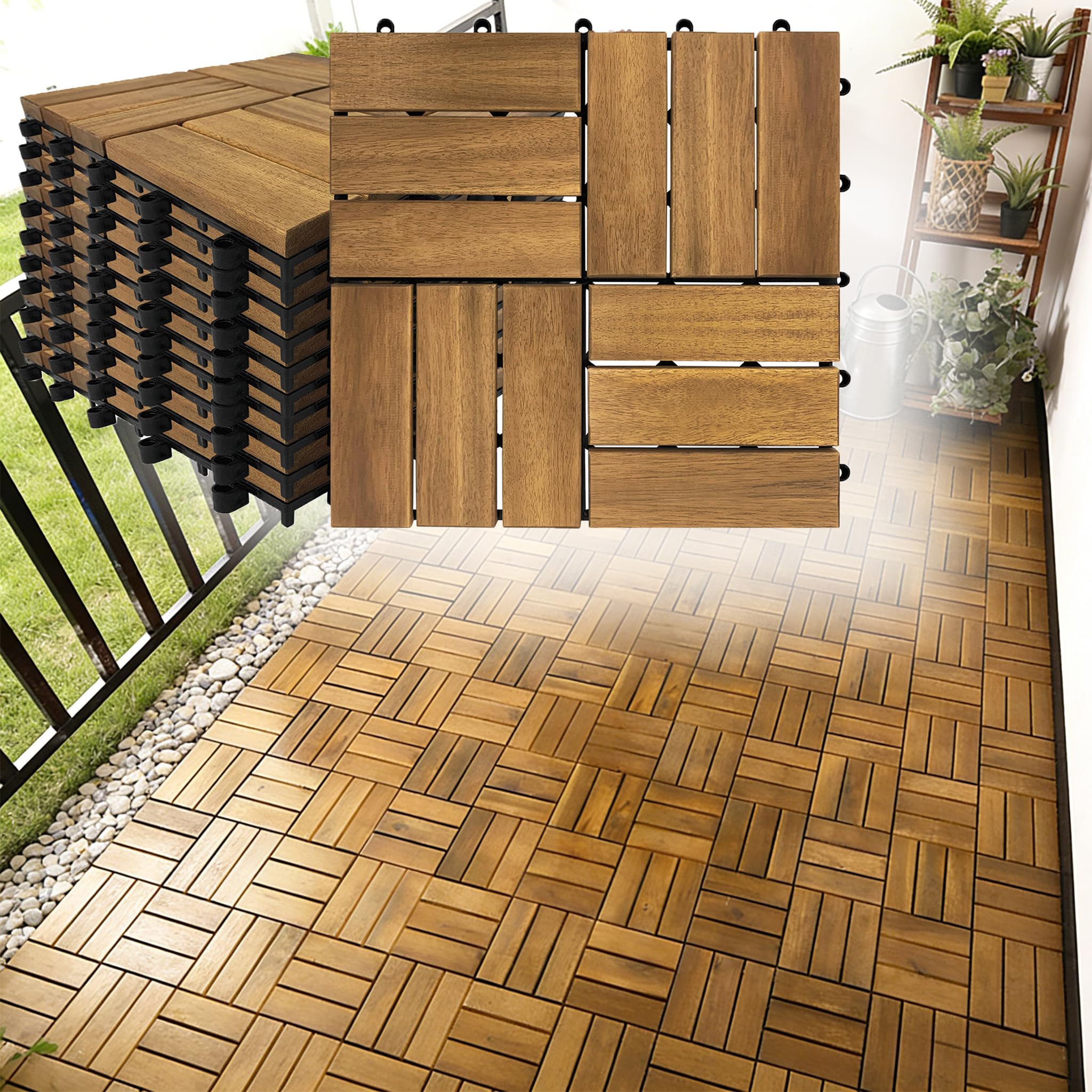Confezione da 55 piastrelle in legno di acacia, 5 m², per balconi, pavimenti in legno, resistenti alle intemperie, 30 x 30 cm, in legno di acacia, piastrelle a clic, piastrelle per terrazze