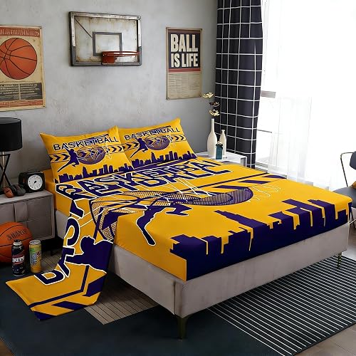 Manfei Basketball Fitted Sheet Set Full Size 4 Pcs,Basketball Athlete Modern Spo