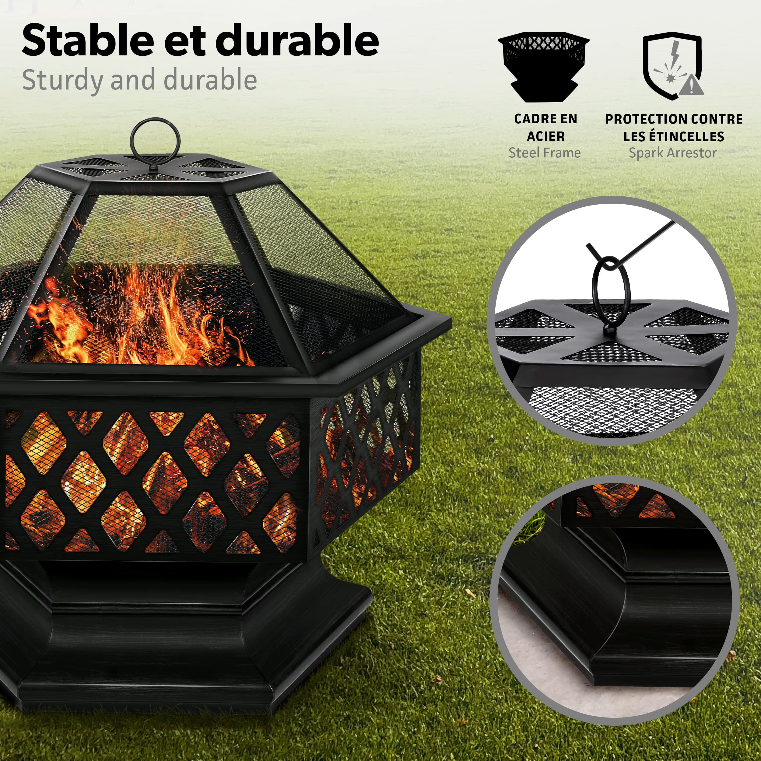 tillvex Brasero Extérieur BBQ | Foyer Poêle pour Jardin, Terrasse | Chauffage avec Gril-Le à Charbon + Couvercle | Cheminée Feu pour Barbecue avec Tissonier Noir (Hexagonal)
